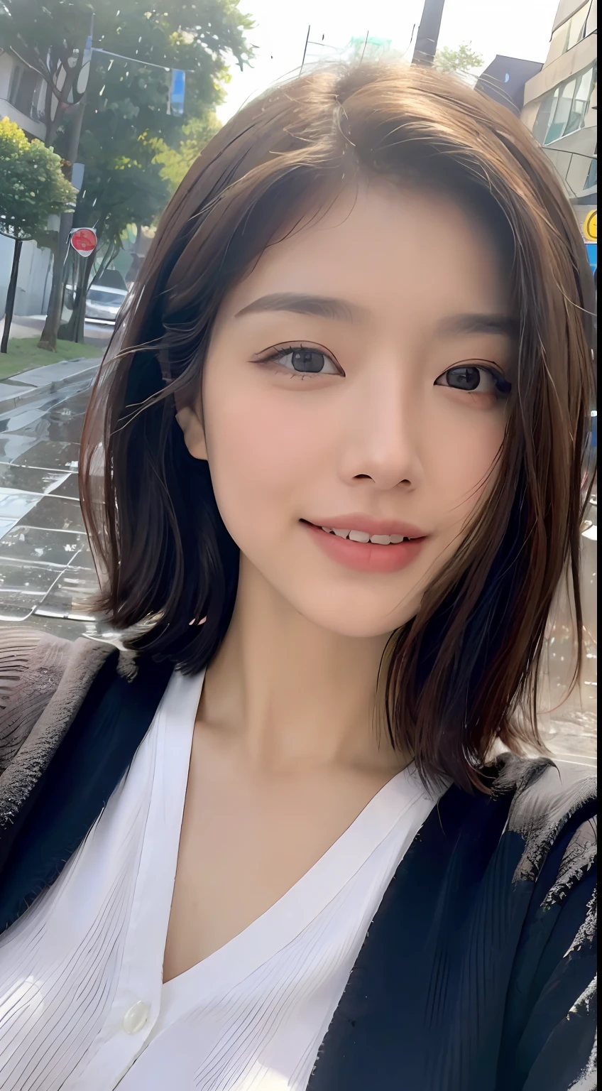 ((best qualtiy, 8K, tmasterpiece:1.3)), Focus:1.2, perfect figure beautiful woman:1.4,, ((Cut hair in layers, Beautiful breasts:1.2)),(rain, street:1.3),Highly detailed facial and skin texture, A detailed eye, 二重まぶた,Whiten skin,long whitr hair,ssmile