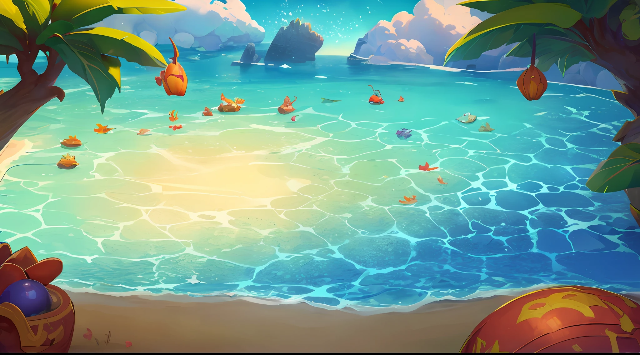 Game map design，Marine theme、Faraway view、The middle view is a flat ground，Close-up，angle of depression，gameicon，Rochas，Fish，tmasterpiece，Epic composition，best qualtiy，超高分辨率，8K