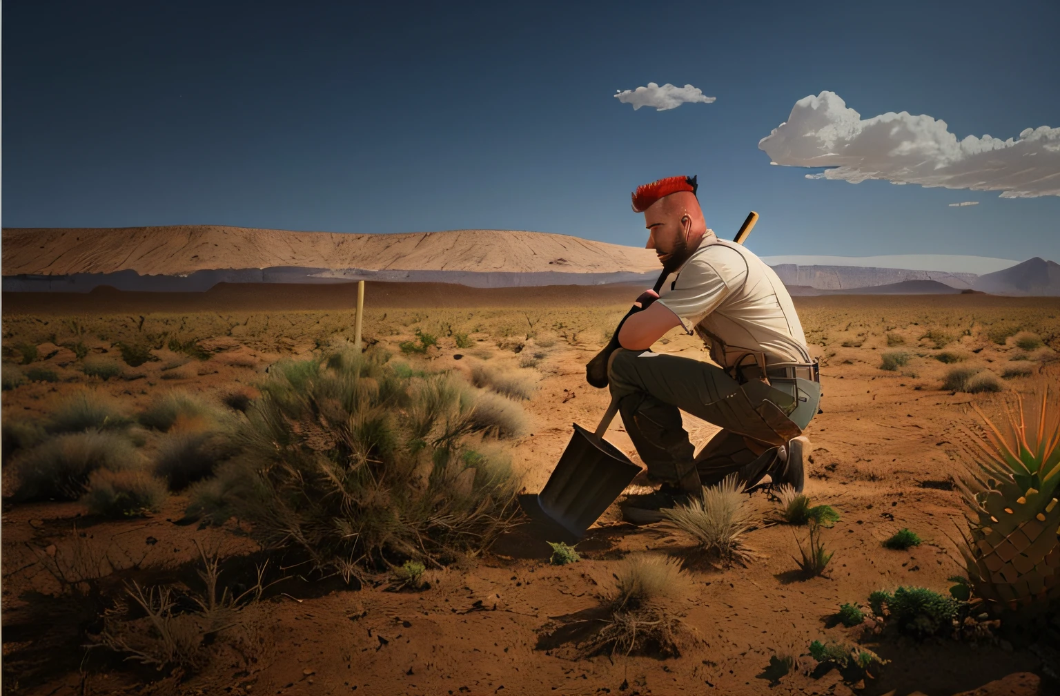 There is a man kneeling with a shovel in the desert, Red-headed mohawk, Award-winning film steel, Promotion still wide angle, matte painting portrait shot, poster shot, Stills of, farmer, Still image shooting, film promotional still, movie promo image, very realistic film still, establishing shot, photorender, film still promotional image, A desert,cacti
