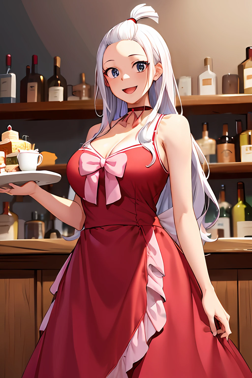 masterpiece, best quality, highres, aamira, long hair, bangs pinned back, topknot, forehead, choker, bare shoulder, cleavage, red dress, frilled dress, bow, sleeveless, cowboy shot, standing, indoor, bar, smile, open mouth, holding tray, food
