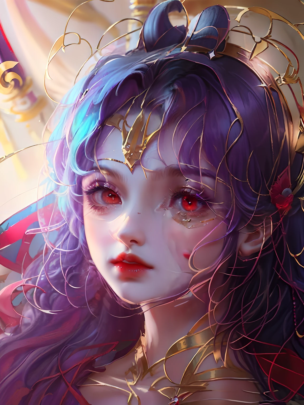 red pupils ,Royal blue hair,A jeweled crown worn on his head,Wearing purple classical European-style clothes ,The background is in a vintage palace
