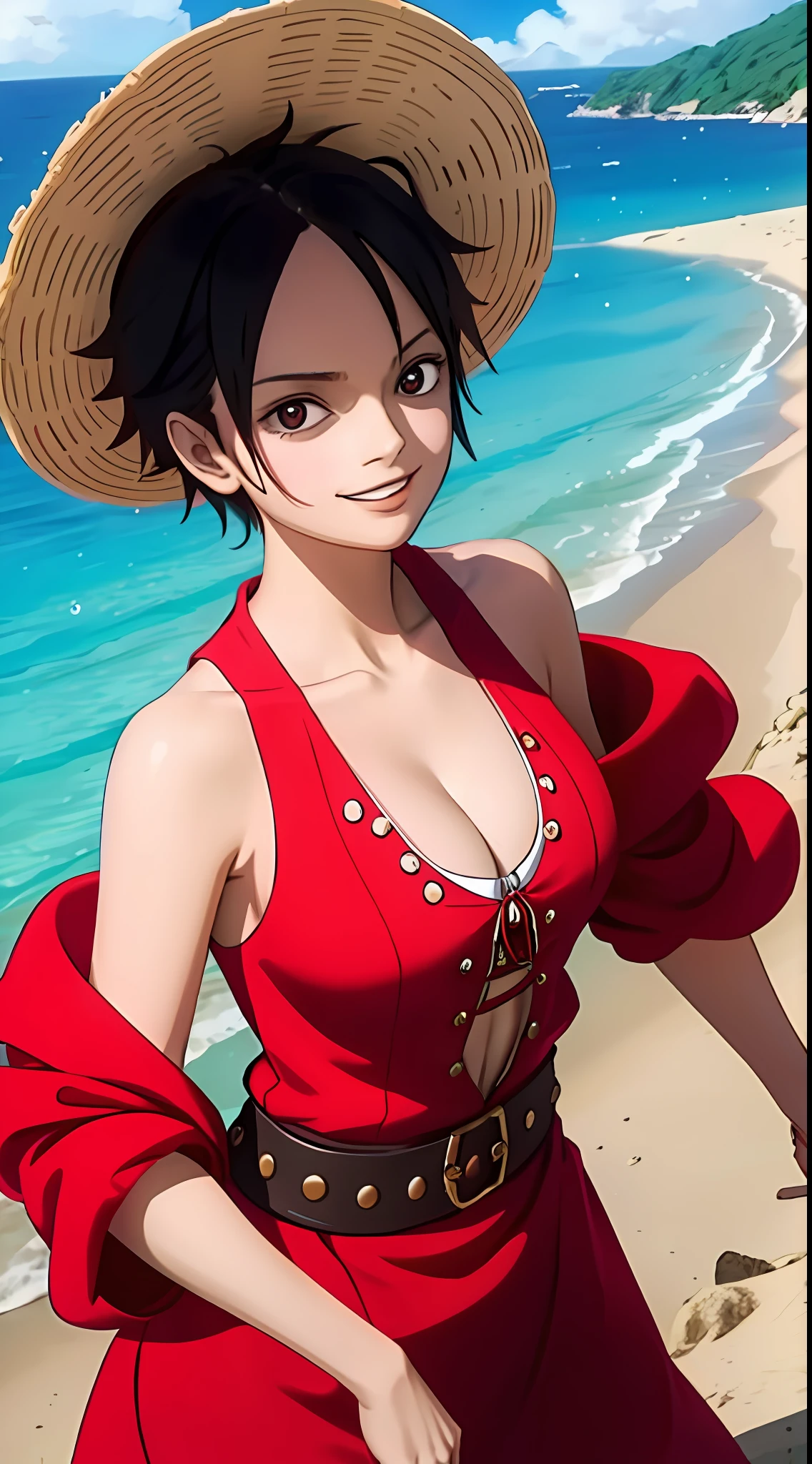 one-girl，Large breasts，cleavage，Off-the-shoulder attire，Be red in the face，Raised sexy，monkey d luffy, Smiling, Straw hat, Red vest，Solo,, ((Masterpiece)), (Best quality), (Extremely detailed), Depth of field, Anime screenshots, Scars under the eyes, preparing to fight, 黑The eye，Sea background，short detailed hair，sandbeach