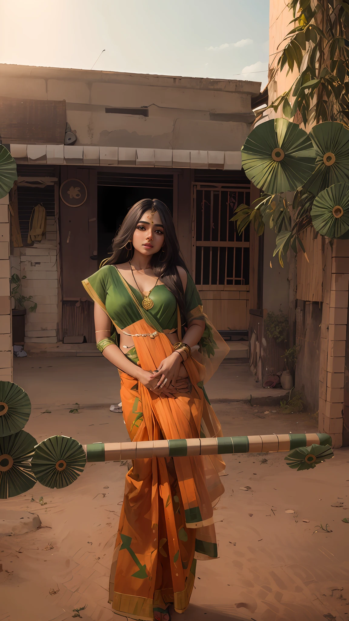 4k, realistic, very detail, there is a girl playing cucumber, she is wearing a saree long hair, 25 years old, full body, wearing sandel,dusky skin