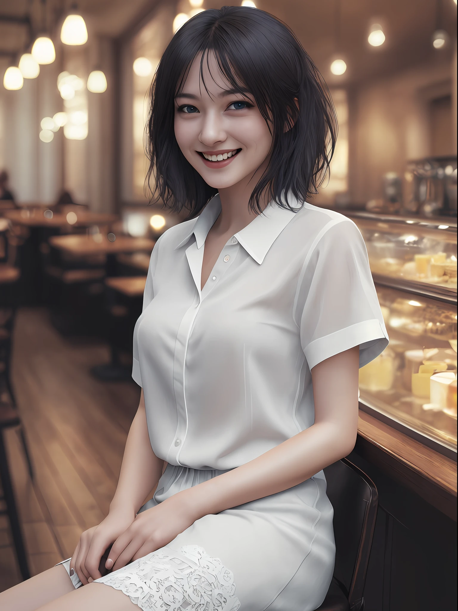 (8k, best quality, masterpiece:1.2), (realistic, photo-realistic:1.37), ultra-detailed, 1 girl, cute, solo, beautiful detailed sky, detailed cafe, night, sitting, dating, (nose blush), (smile:1.15), (closed mouth) small breasts, beautiful detailed eyes, (collared shirt:1.1), night, wet, business attire, rain, white lace, (short hair:1.2), floating hair NovaFrogStyle, topless,