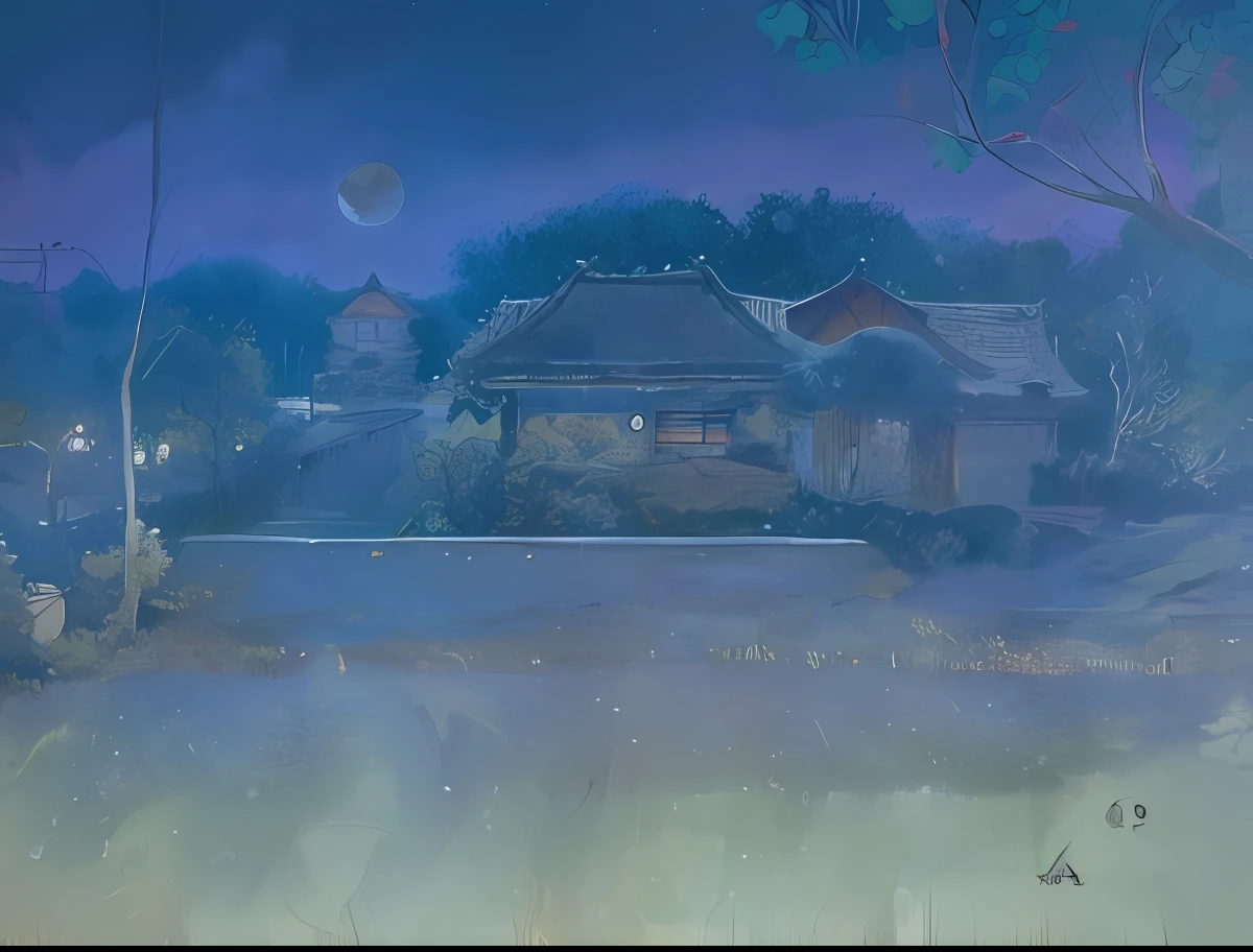 Paint a house in a field,There is a full moon in the sky, moonlit kerala village, carlos shwabe, nightime village background, inspired by Matsumura Goshun, Granular matte painting, Japanese-style villa West Dermead, painting of a dreamscape, author:Fuyuko Matsui, blue ground. fantasy, Inspired by John Atkinson Grimshaw