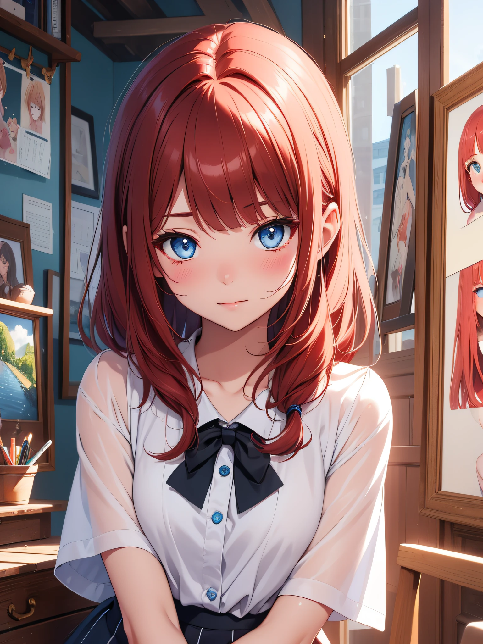 Top quality ultra-detailed CG art、Pupils：１.２）Red head、Glossy hair、smooth hair、large blue eyes,Mid summer、Delicate body、cheerful girl、Tying hair、、bob cuts、Art Room、paint、Summer school uniform、shortsleeves、red blush、Artistry、