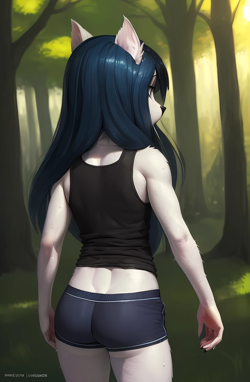 [Claire (the summoning)], [Uploaded to e621.net; (Pixelsketcher), (wamudraws)], ((masterpiece)), ((1girls)), ((solo portrait)), ((back view)), ((full body)), ((furry; anthro)), ((detailed fur)), ((detailed shading)), ((beautiful 3D art)), {anthro; (white fur, black nose), long blue hair, dark blue slit eyes, (expressionless), (sweaty), (defined leg muscles)}, {(white tank top), (blue yoga shorts), (black canvas sneakers)}, {(standing), (looking back), (looking at viewer)}, [background; (park), (sunny), (sun rays)]