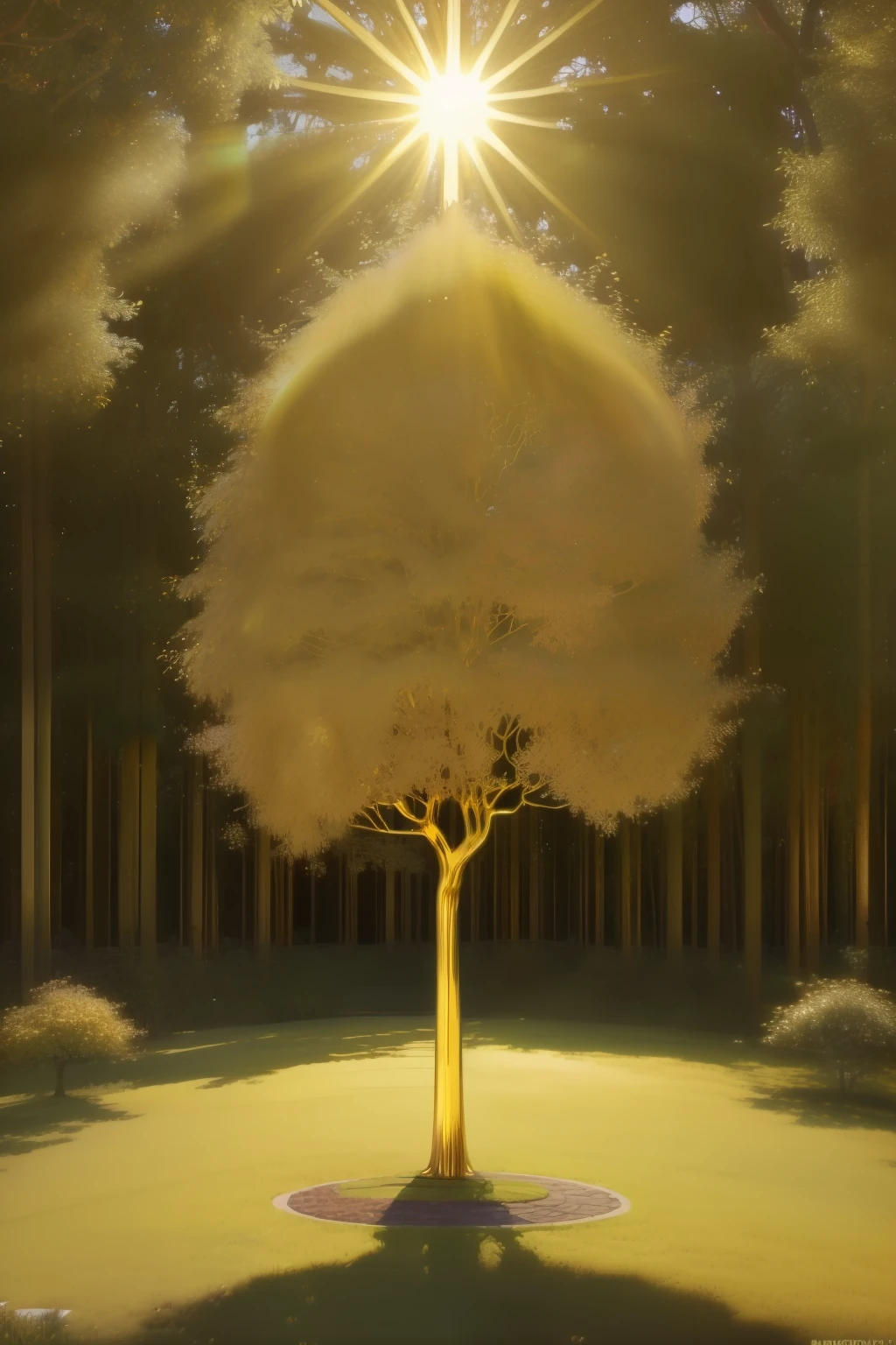 (((Pre-Raphaelite Celtic painting of a golden tree sculpture, ouro, dourado, Floresta encantada, Evonym-Europeu, European spindle tree, por do sol)))