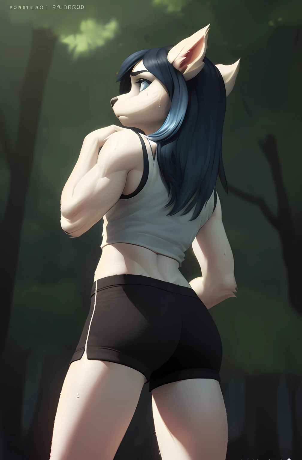 [Claire (the summoning)], [Uploaded to e621.net; (Pixelsketcher), (wamudraws)], ((masterpiece)), ((1girls)), ((solo portrait)), ((back view)), ((full body)), ((furry; anthro)), ((detailed fur)), ((detailed shading)), ((beautiful 3D art)), {anthro; (white fur, black nose), long blue hair, dark blue slit eyes, (expressionless), (sweaty), (defined leg muscles)}, {(white tank top), (blue yoga shorts), (black canvas sneakers)}, {(standing), (looking back), (looking at viewer)}, [background; (park), (sunny), (sun rays)]