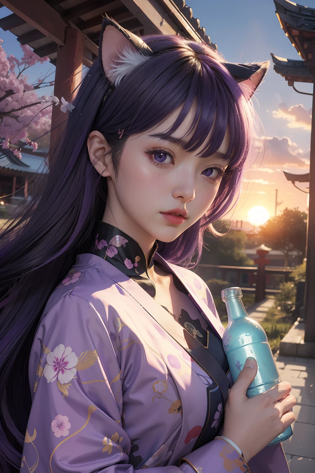 anime girl holding a bottle of soju, mysterious girl, anime girl drinks soju, lofi girl, upper body, face only, in style of digital illustration, aesthetic cute with flutter, soda themed girl, in an anime style, lofi portrait - girl with purple hair and cat ears, wearing futuristic chinoiserie costume, in a garden with butterflies, with japanese shrine gate as background, purple atmosphere, sunset, beautiful, colourful, detailed, AI art, powerful, digital art, futuristic scene, anime art, anime portrait