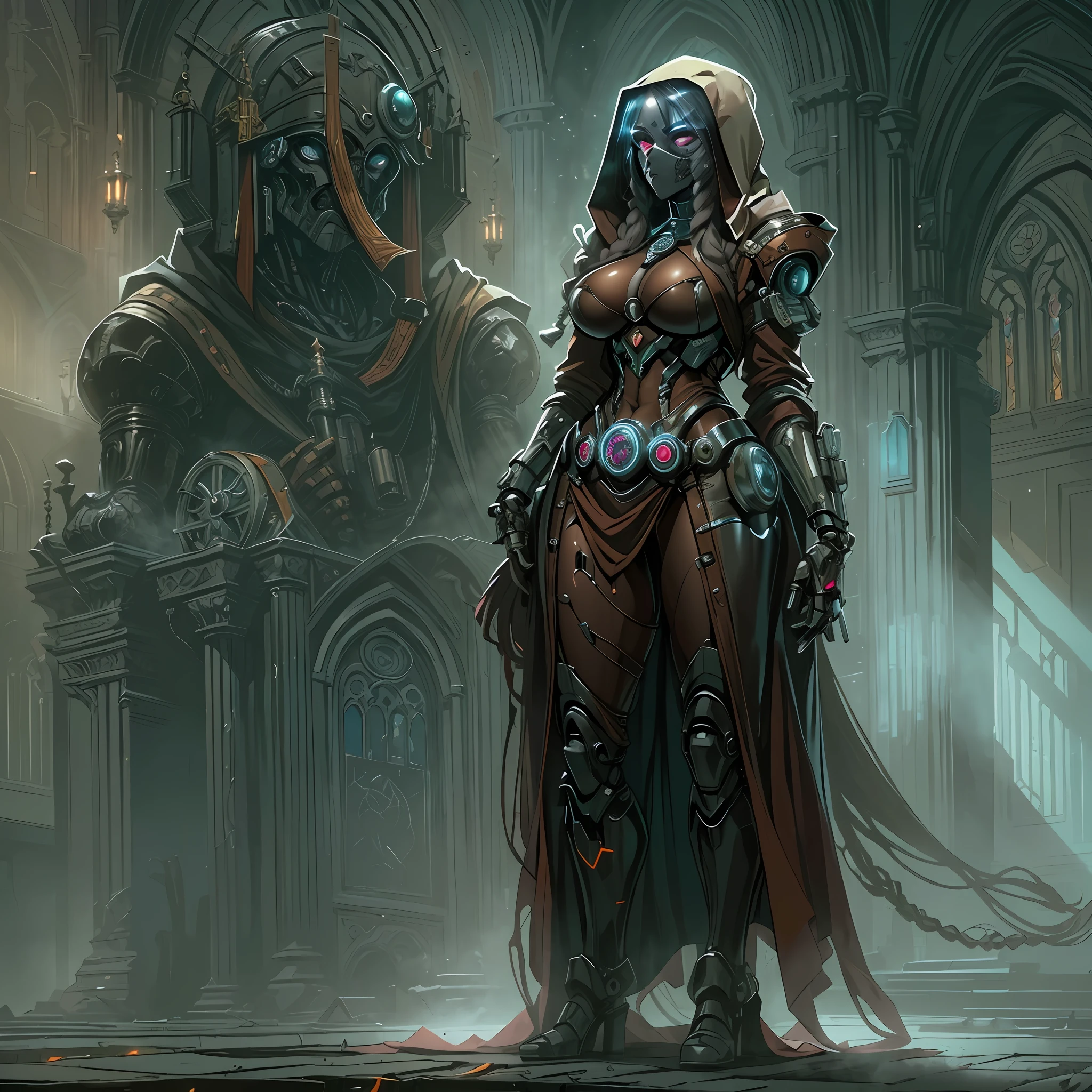 req:
`RAW photography, female techpriest, wh40k, dark future, dark fantasy, heavy face cyberware, (breathing mask:1.1), tubes, one mechanical limb, cybernetic eyes, eyes visible, amalgation of flesh and machine, human parts, cyborg, (partially human:1.2), (one face half fully human:1.4), wearing adeptus mechanicus robes, hooded, (long hair, one very thick braid falling out of hood:1.15), breathing tube, standing in an epic gothic cathedral full of banners incense and servitors, cloudy, foggy, smoky, (volumetric lighting:1.1), (multicolored churchwindow godrays:1.1), (good visible godrays:1.0), dark scene, intricate shadows, shadowy scene,
(huge breasts, massive breasts, gigantic breasts:1.2),`
you can change body stuff around with loras or whatever you like, doesn't even need to have big booba and stuff, just get out your inner techpriest