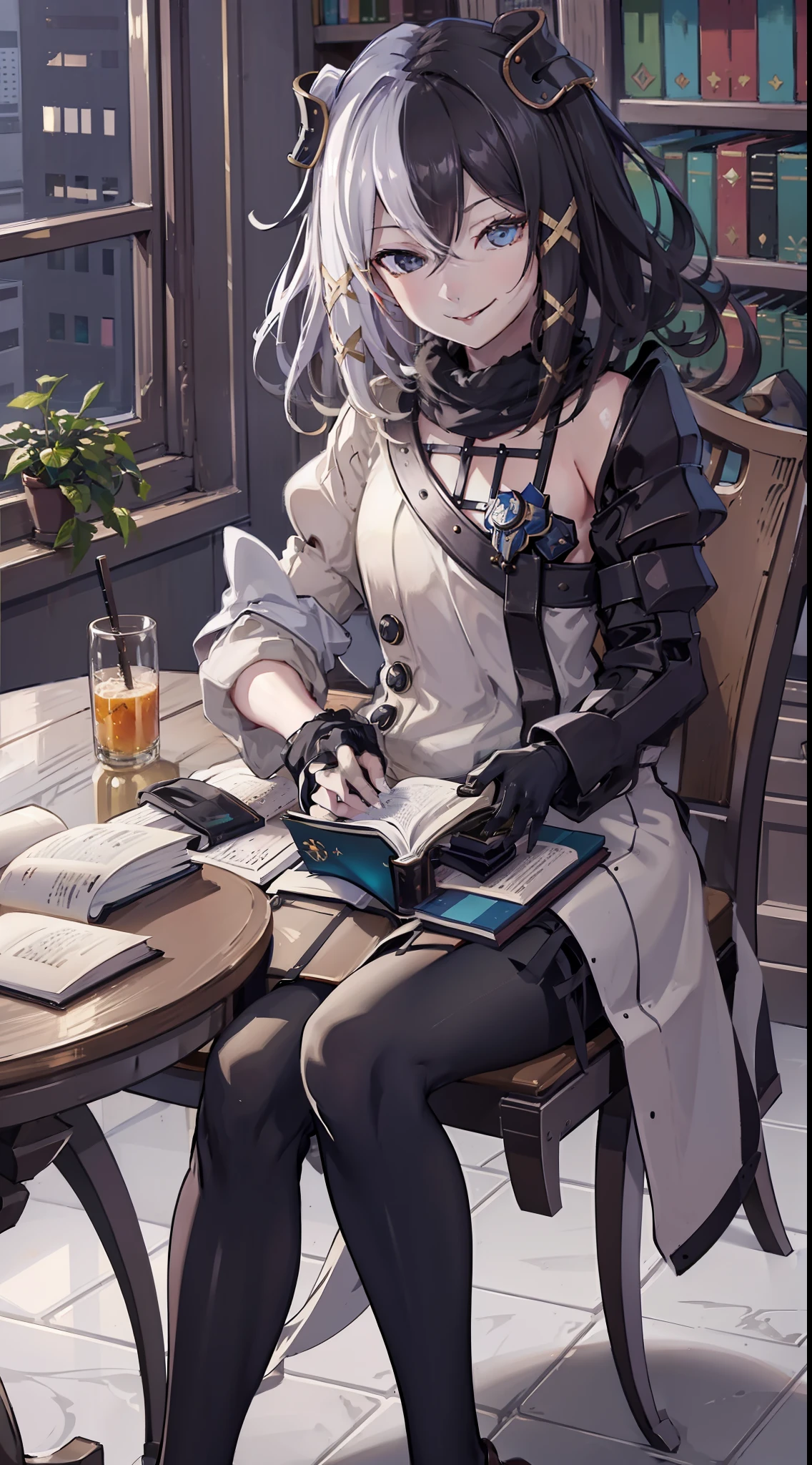 library, books, sitting at table, domineering smile, arrogant expression, cocky, best quality, masterpiece, 1 girl