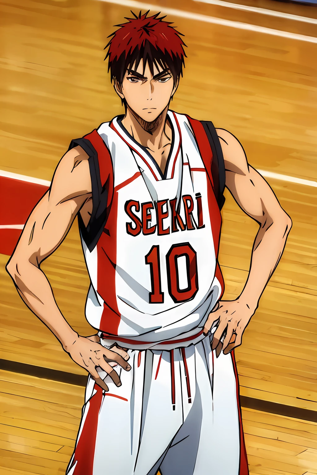 (masterpiece, best quality:1.2), cowboy shot, solo, male focus, 1boy, kagami taiga, expressionless, closed mouth, looking at viewer, hand on hip, sportswear, basketball uniform, basketball court