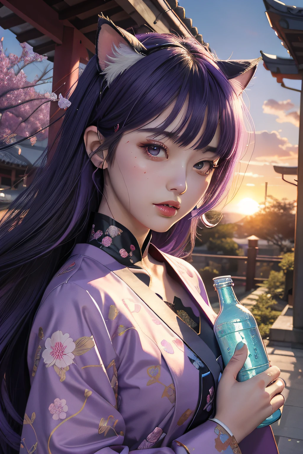 anime girl holding a bottle of soju, mysterious girl, anime girl drinks soju, lofi girl, upper body, face only, in style of digital illustration, aesthetic cute with flutter, soda themed girl, in an anime style, lofi portrait - girl with purple hair and cat ears, wearing futuristic chinoiserie costume, in a garden with butterflies, with japanese shrine gate as background, purple atmosphere, sunset, beautiful, colourful, detailed, AI art, powerful, digital art, futuristic scene, anime art, anime portrait
