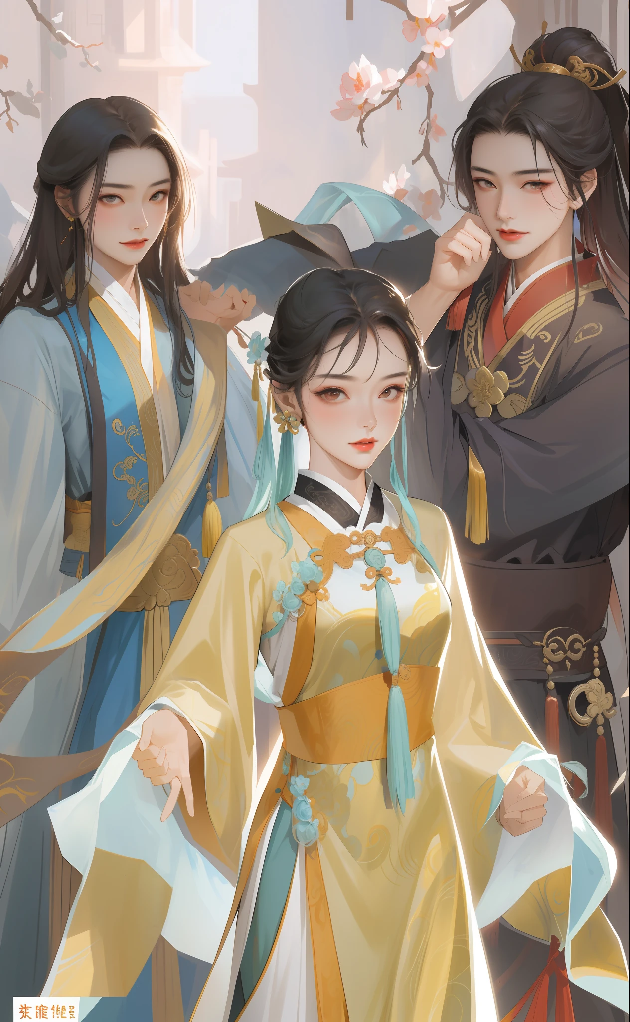 NSFW,tmasterpiece,Need,super-fine,Semi-realistic,2male,Mature male，1womanl,A MILF，Two Asian men dressed in traditional clothes stood behind them，Asian woman in traditional dress, A woman in Hanfu, Two men in Chinese clothing，Meticulous facial features,long whitr hair,Wearing exquisite fairy costumes,Since ancient times, full-body wuxia, Chinese fantasy, xianxia fantasy, Palace