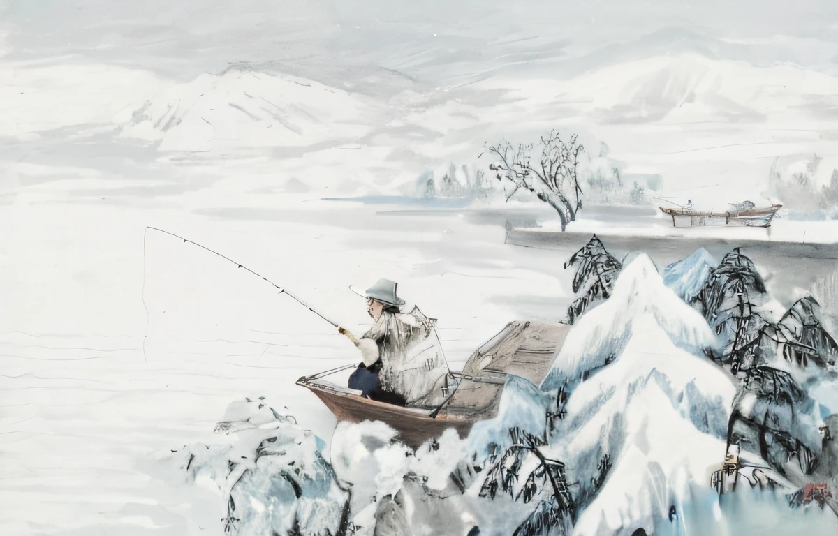 Drawing a man fishing in a boat on the lake, inspired by Wang Yuanqi, inspired by Yun-Fei Ji, inspired by Huang Binhong, author:Ma Yuanyu, by Ye Xin, author:Qiu Ying, author:Li Zai, author:Qu Leilei, author:Sheng Maoye, inspired by Wen Zhengming, author:Fu Miao