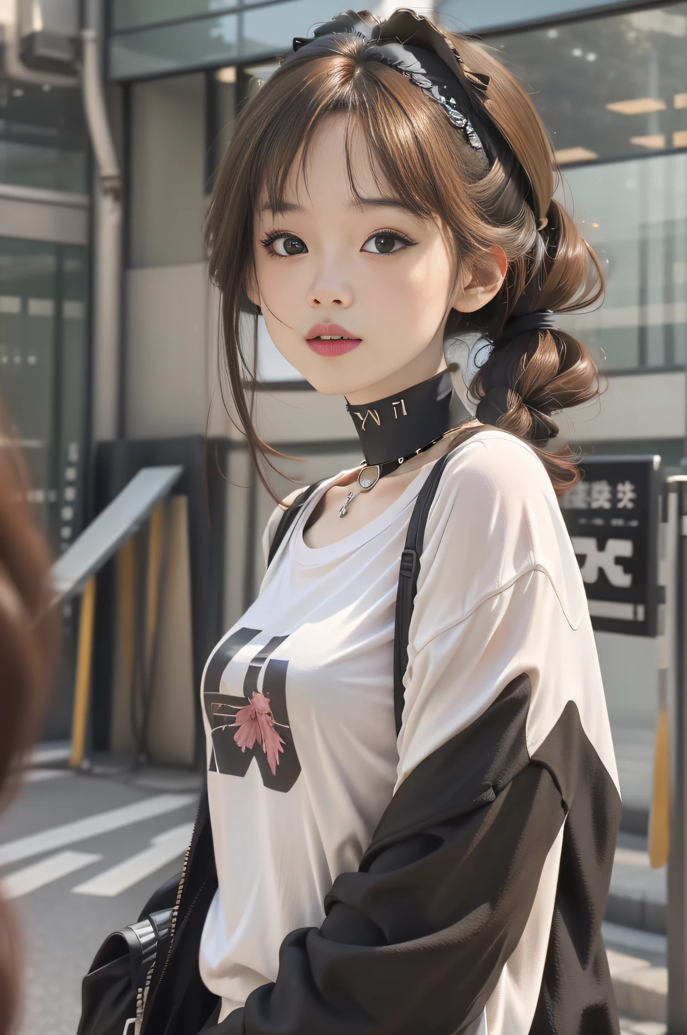 best quality detail:1.2, hentail realism, 8K UHD, A high resolution, 1girl in:1.2, The ultra-detailliert, High quality textures, intricately details, detaileds, Very detailed CG, High quality shadows, Detail Beautiful delicate face, Detail Beautiful delicate eyes, depth of fields, Ray traching, in her 20s, Beautiful pop girl, Korean Urzan face:1.1, Slender face, Urzang-6500-V1 version.1:0.6, PureErosFace_V1, glowing light eyes, teak, Glossy lips, perfect bodies, choker necklace、nedium breasts、 Brown hair、poneyTail:1.1, street, Particle, view the viewer, Photorealsitic:1.4, ultra - detailed, Photos realistic, 4K 8K Ultra HD full-color RAW photos, Fuji Film(Medium format:1.2), hasselblatt:1.2, Carl Zeiss:1.1, Incredible dynamic range photography(util_The art of SMUS-768:1.1), A high resolution, high pixel count, Clear details, Sharp images, Natural color reproduction, denoised, High fidelity, quality, Software improvements, upscaled, Optimization algorithm, Professional grade beauty、((Shibuya, tokyo prefecture))、On the way to shopping、((Fashion clothing with a very high design))、Graphic T-shirt: Art and logos、Graphic t-shirts printed with anime characters are trending.、Create a unique look
