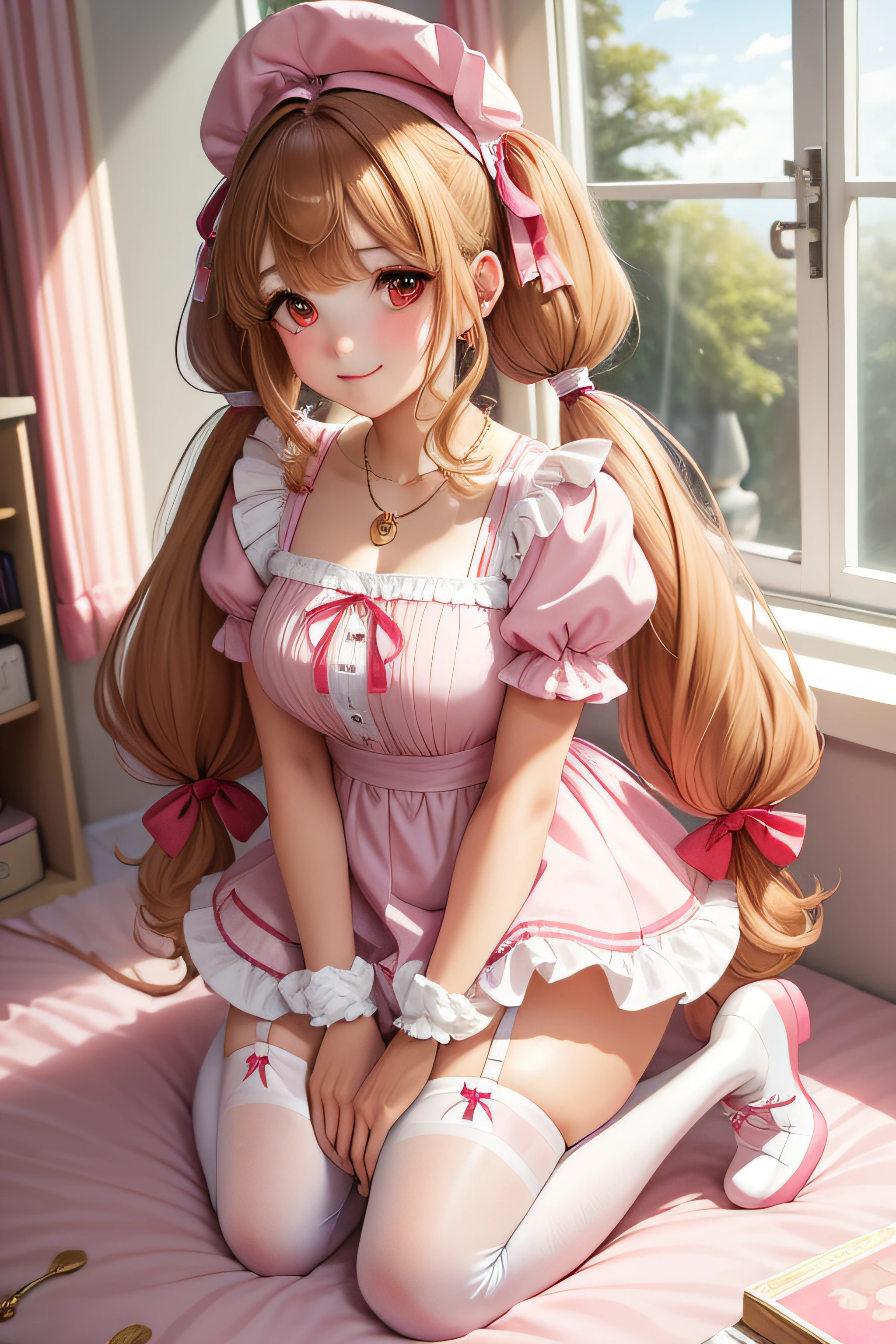 masterpiece,best quality,(solo:1.3),1girl,(tareme:1.2),(full body:1.2),kneeling,leaning forward,bent over,(low-tied_long_hair:1.3),(low twintails:1.2), dress, ribbons,hair ribbon,very long hair,hair ornament,hair flower, smile, looking at viewer, pink headwear,red eyes,symbol-shaped pupils, short sleeves, puffy sleeves, bangs, blush, blunt bangs, puffy short sleeves, jewelry, ribbon, plaid dress, makeup,eyelashes, necklace, wavy hair,(white thighhighs,thighs:1.2),indoors, messy room, window,sweet,girls's room,pink theme,painting \(medium\),teddy bear, stuffed toy, loaded interior,bedroom,(((otaku room)))