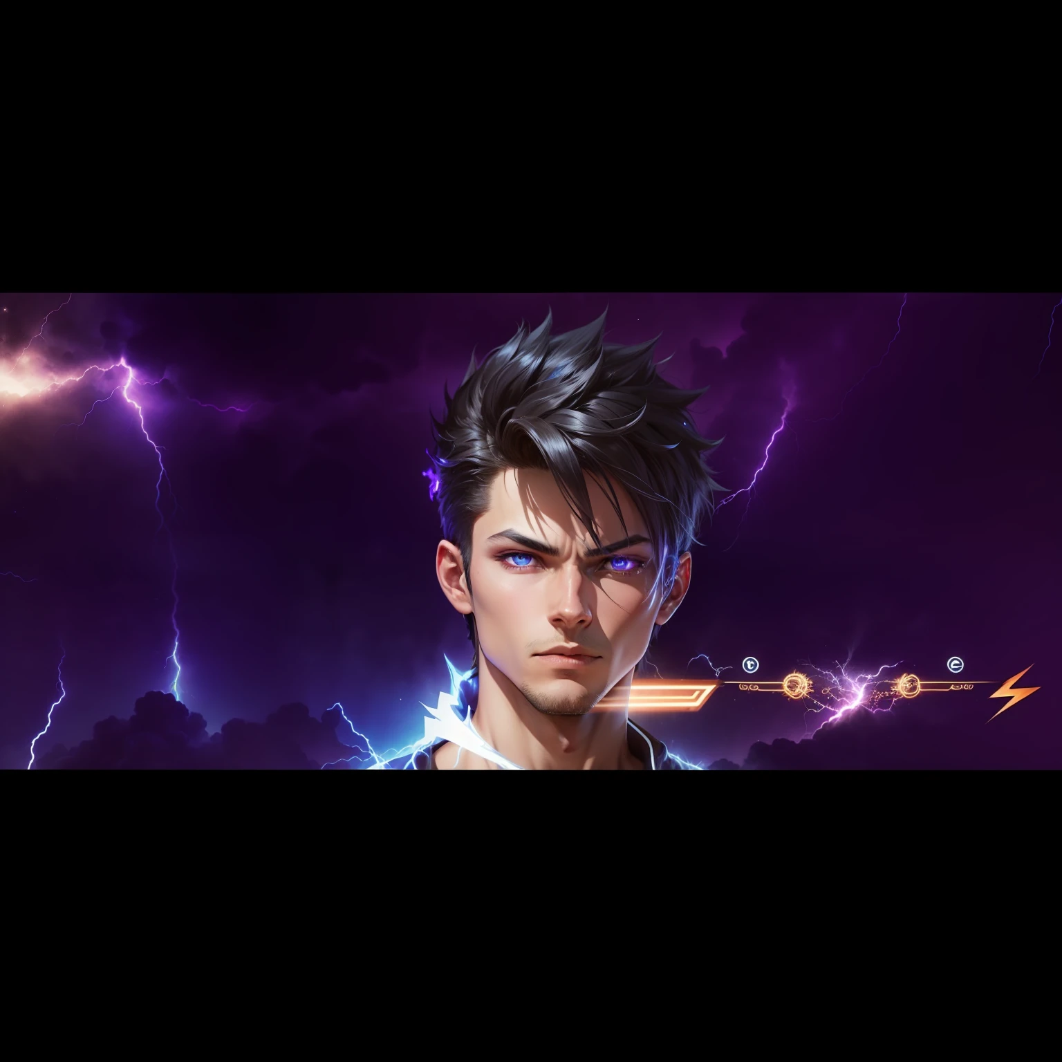 a close-up of a person with a purple and blue background full of lightning, glowing black aura, an epic anime of a being with lightning powers, epic anime style, menacing aura, aura of darkness, evolving into his final form, glowing power aura, cosmic power glowing and flourishing, many lightning bolts surrounding the character. And change background in gaming setup, gun firing, sky dark