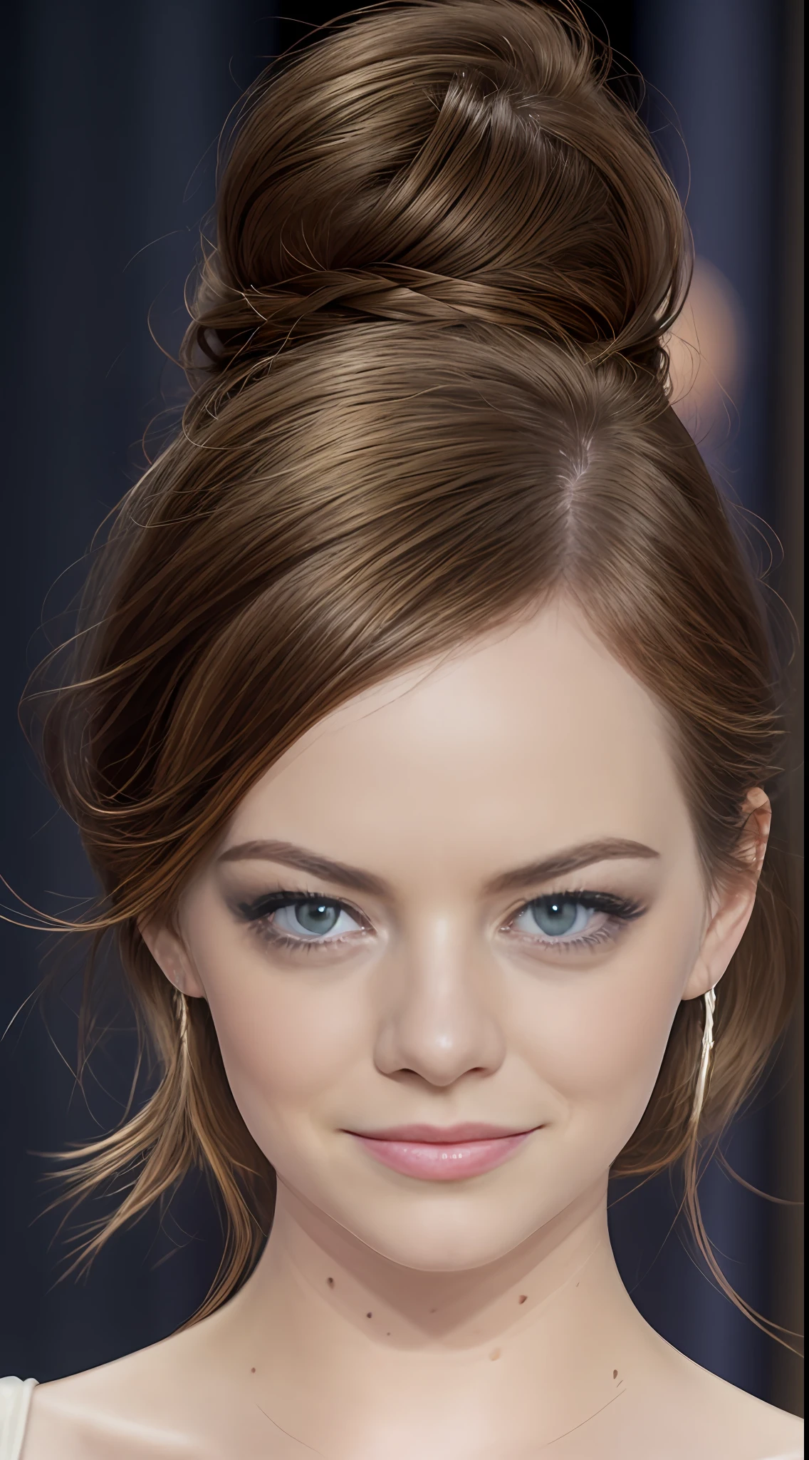 Emma Stone, mejor calidad, obra maestra, super high res, Super model, retrato de pecho, Small bust, Dynamic fashion pose, (realismo: 1.8), Foto Original, a  girl, hombro desnudo, En la oscuridad, sombra profunda, discreto, cool light, rubia, ojos azules, sujetador y bragas blancas