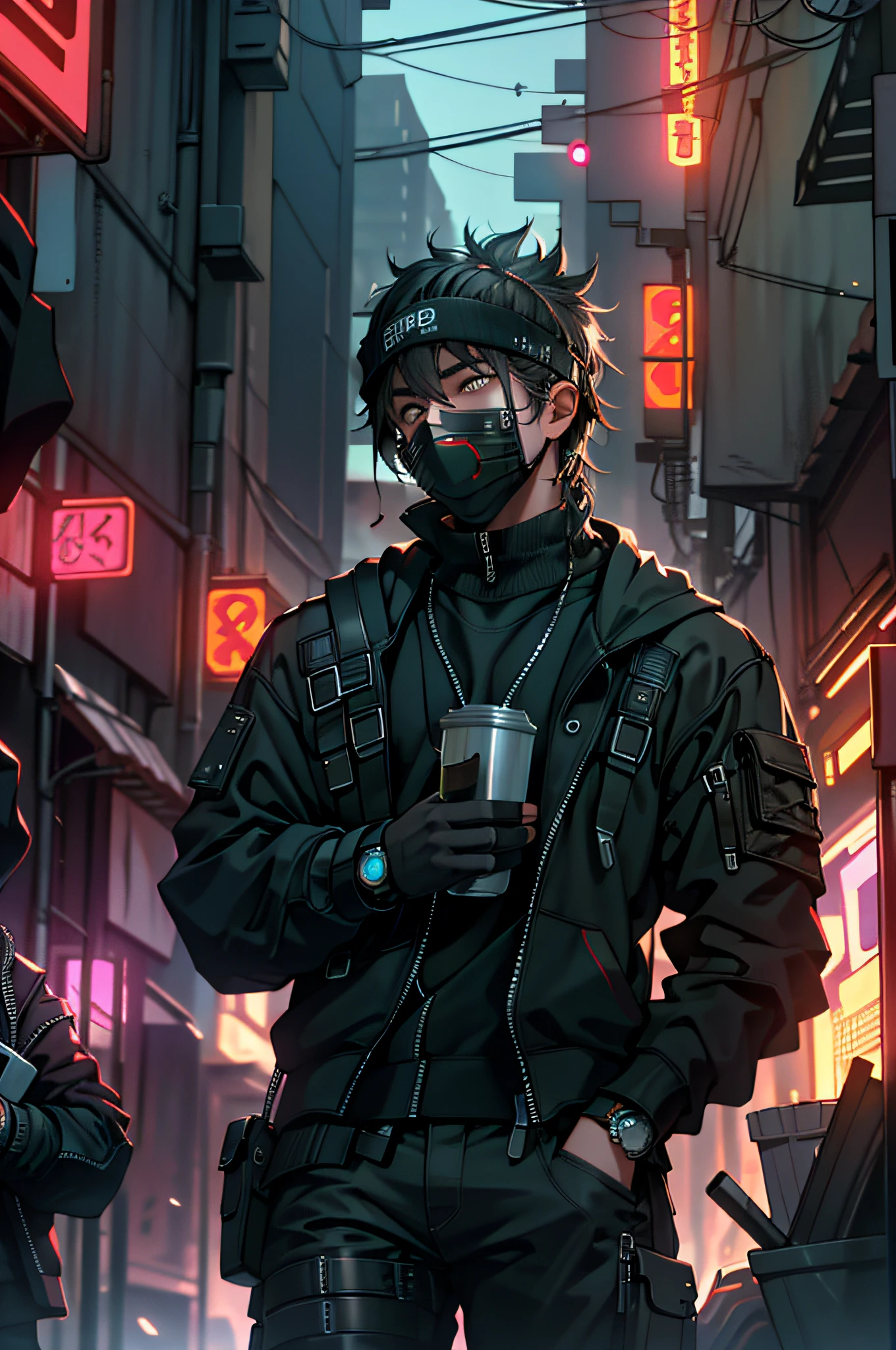 ultra detail, high resolution, ultra detailed, best quality, amazing, top quality, extremely detailed CG unity 8k wallpaper, cinematic lighting, cyberpunk, dark boy, trash gang facemask