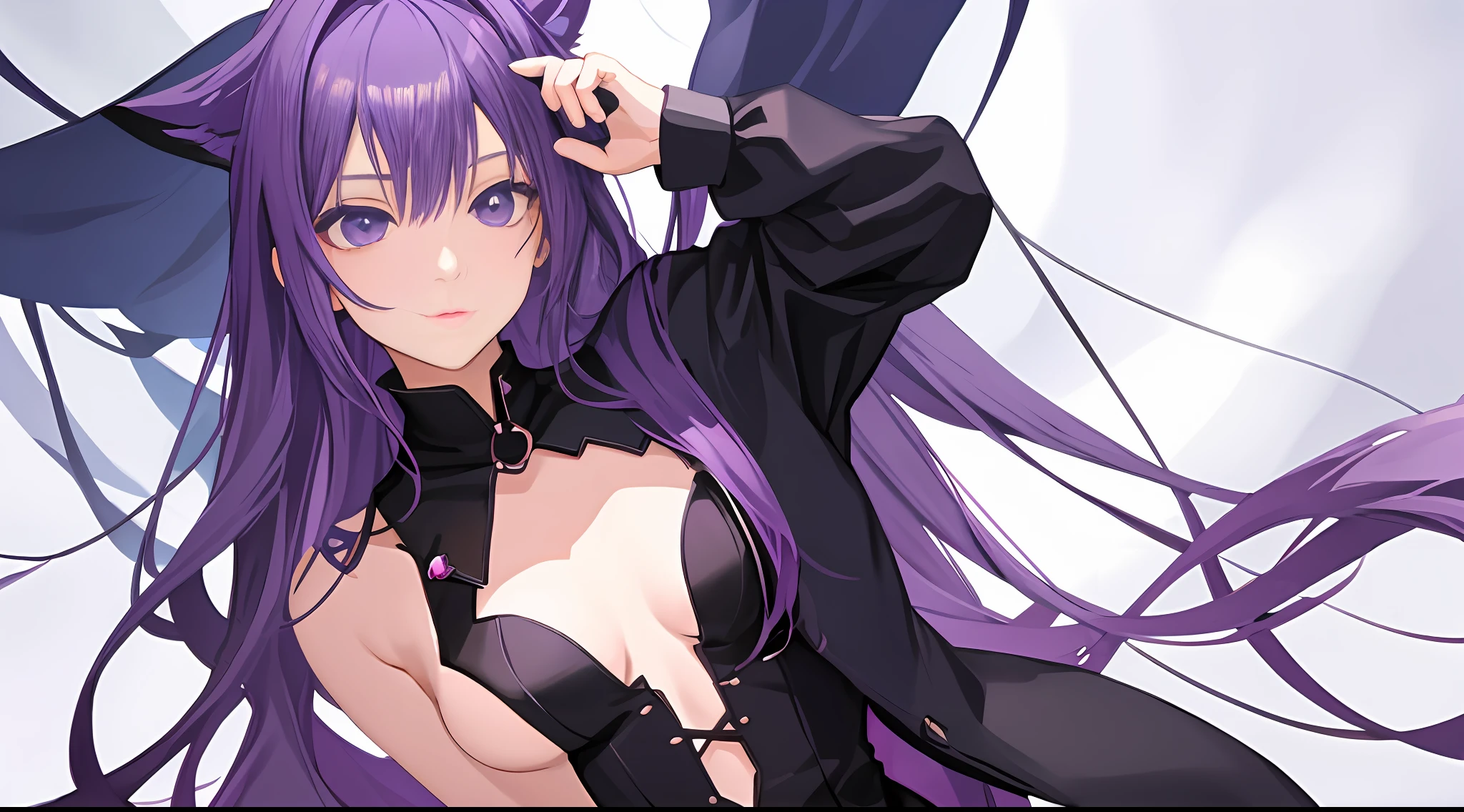 anime - foto estilo de uma mulher com cabelo roxo e uma jaqueta preta, pose de anime bonito, okata kazuto, personagem de anime feminino, mulher bonito de anime, arte cg anime liso, mina de anime alto com olhos azuis, with vivid purple eyes