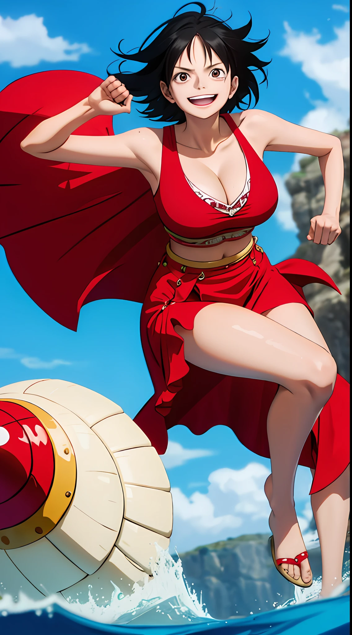 one-girl,Large breasts,cleavage,Off-the-shoulder attire,Be red in the face,Raised sexy,monkey d luffy, Smiling, Straw hat, Red vest,Solo,, ((Masterpiece)), (Best quality), (Extremely detailed), Depth of field, Anime screenshots, Scars under the eyes, preparing to fight, 黑The eye,Sea background,short detailed hair,sandbeach
