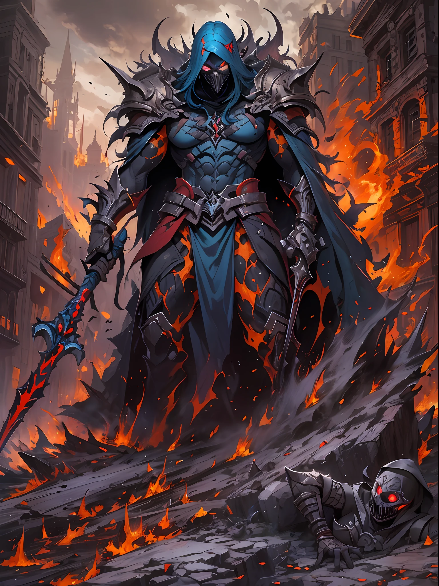 Hombre grande,marcas y simbolos por el cuerpo,pelo largo y lanco,capucha roja,Espada gigante de almas en pena,oscuro,almas,guantes demoniacos,armadura masiba,armadura de almas en pena,demonio, Fuego, caballo infernal de fuego y lava,ojos rojos,ojos azules brillante, infierno, apocalyptic,fin del mundo, Lado oscuro,ruina, guerra, Darksiders , ERA (Darksiders), obra dearte,guerrero,enviado del infierno,Horseman of the Apocalypse,muerte,sangre,destruccion,hambre,lucha,furia,ciudad debastada,edificios en ruinas,calles destruidas,pobo y particulas en el aire,muchas victimas alrededor,demonios muertos,demonios descuarisados y sangrando,espada clabada,espada enterrada,espada con sangre,mirada aterradora,misterio