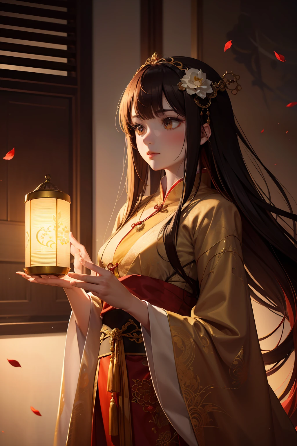 best quality, masterpiece, highres, (exquisite body:1.5),gorgeous face,(milky skin:1.3),intricate details,high resolution,wallpaper,
1girl, solo, dress, hair ornament, (((gold and red dress))), flowers, long hair, brown hair, closed mouth, jewelry, long sleeves, hand up, wide sleeves, big eyes,floating hair, chinese clothes, hanfu, embroidery, long skirt, natural pose, falling petals, indoor,fanning, lantern,
16K,HDR,highres,depth field,(film grain:1.1),boken,golden hour,(lens flare),vignette,rainbowing,(color grading:1.5)
