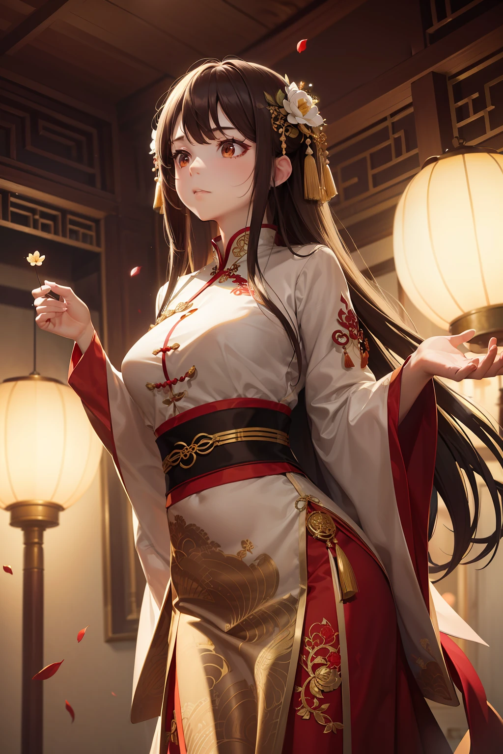 best quality, masterpiece, highres, (exquisite body:1.5),gorgeous face,(milky skin:1.3),intricate details,high resolution,wallpaper,
1girl, solo, dress, hair ornament, (((gold and red dress))), flowers, long hair, brown hair, closed mouth, jewelry, long sleeves, hand up, wide sleeves, big eyes,floating hair, chinese clothes, hanfu, embroidery, long skirt, natural pose, falling petals, indoor,fanning, lantern,
16K,HDR,highres,depth field,(film grain:1.1),boken,golden hour,(lens flare),vignette,rainbowing,(color grading:1.5)