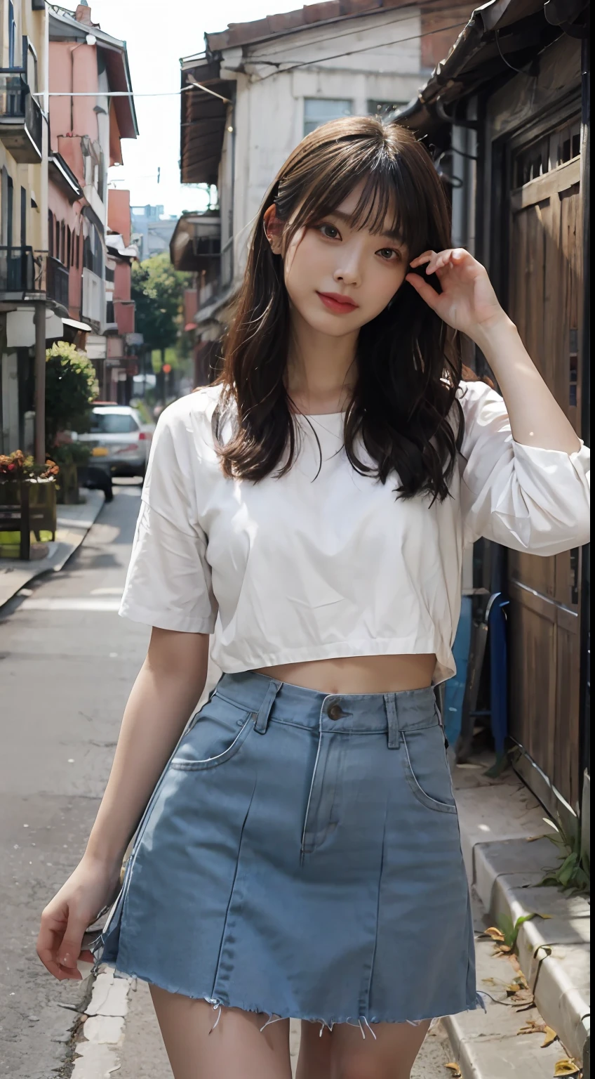 ((Realistic lighting、top-quality、8K、tmasterpiece:1.3))、Focus:1.2、1girl in、Perfect figure:1.4、Slim abs:1.1、(outside of house、natta:1.1)、the city street、Super fine face、Narrow-eyed、二重まぶた、The blonde、Gray hair、Dresses of random colors、