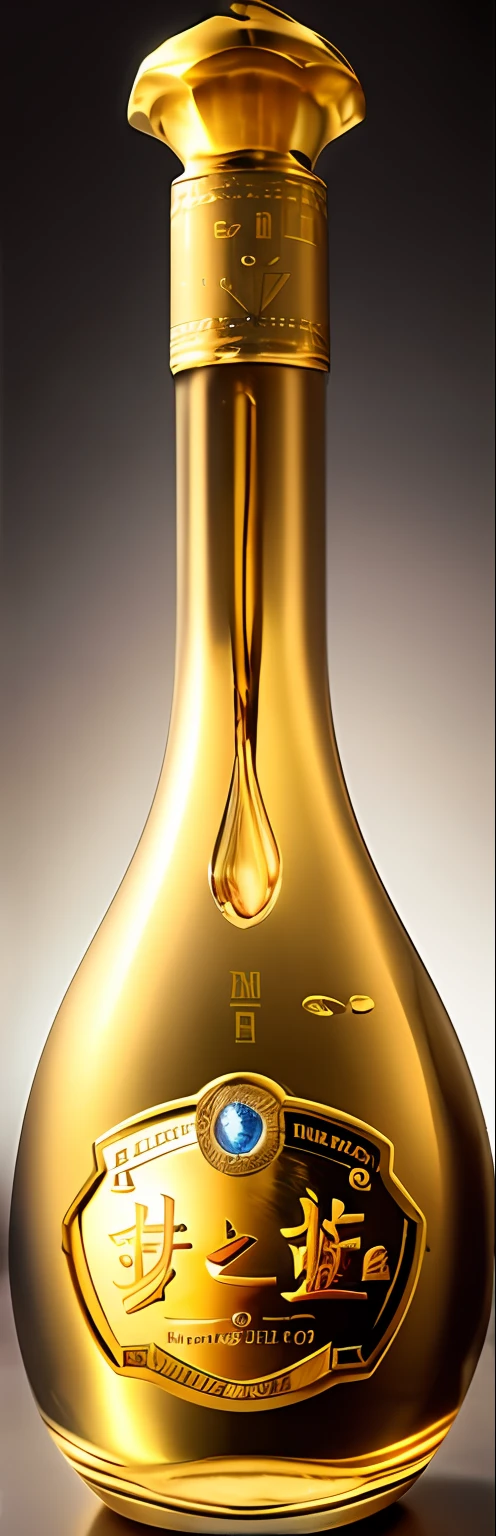 Close-up of a bottle of wine with a golden cap, metals, Long neck, Liquid metal, hair fluid, head and shoulders masterpiece, detailled image, bottom angles, molten, lava lamp, Official product photo, Made of liquid metal, Organic liquid metal, Titanium, Bottle, natural morning light, mediating, volumettic light, close-up product photo