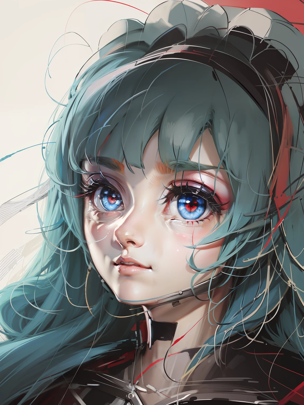 red color eyes ，blue hairs
