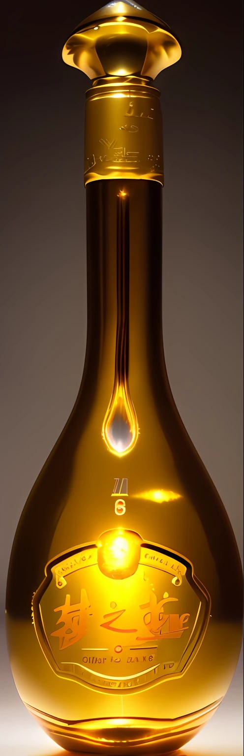 Close-up of a bottle of wine with a golden cap, metals, Long neck, Liquid metal, hair fluid, head and shoulders masterpiece, detailled image, bottom angles, molten, lava lamp, Official product photo, Made of liquid metal, Organic liquid metal, Titanium, Bottle, natural morning light, mediating, volumettic light, close-up product photo