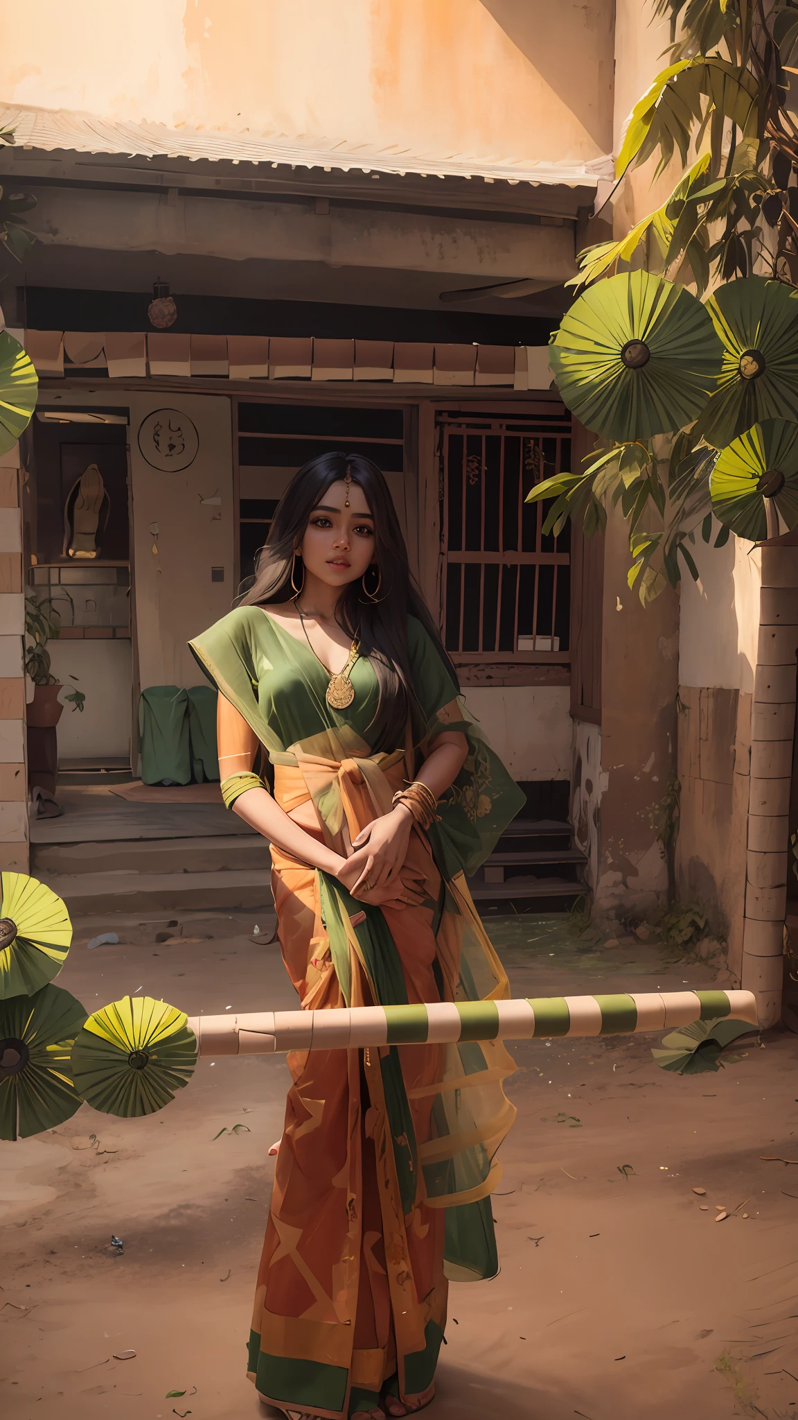 4k, realistic, very detail, there is a girl playing cucumber, she is wearing a saree long hair, 25 years old, full body, wearing sandel,dusky  skin