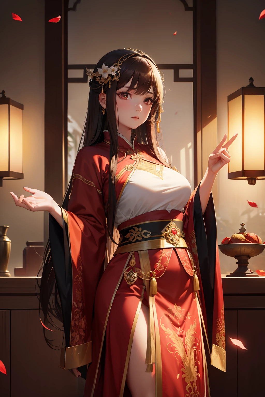 best quality, masterpiece, highres, (exquisite body:1.5),gorgeous face,(milky skin:1.3),intricate details,high resolution,wallpaper,
1girl, solo, dress, hair ornament, (((gold and red dress))), flowers, long hair, brown hair, closed mouth, jewelry, long sleeves, hand up, wide sleeves, big eyes,floating hair, chinese clothes, hanfu, embroidery, long skirt, natural pose, falling petals, indoor,fanning, lantern,
16K,HDR,highres,depth field,(film grain:1.1),boken,golden hour,(lens flare),vignette,rainbowing,(color grading:1.5)