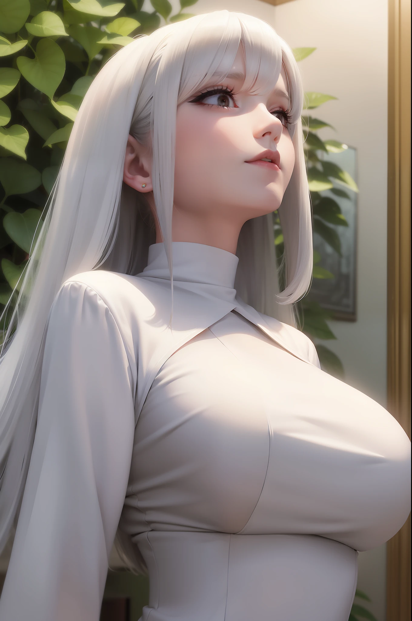 Girl mature white clothes white hair golden eyes looking up masterpiece superb upper body