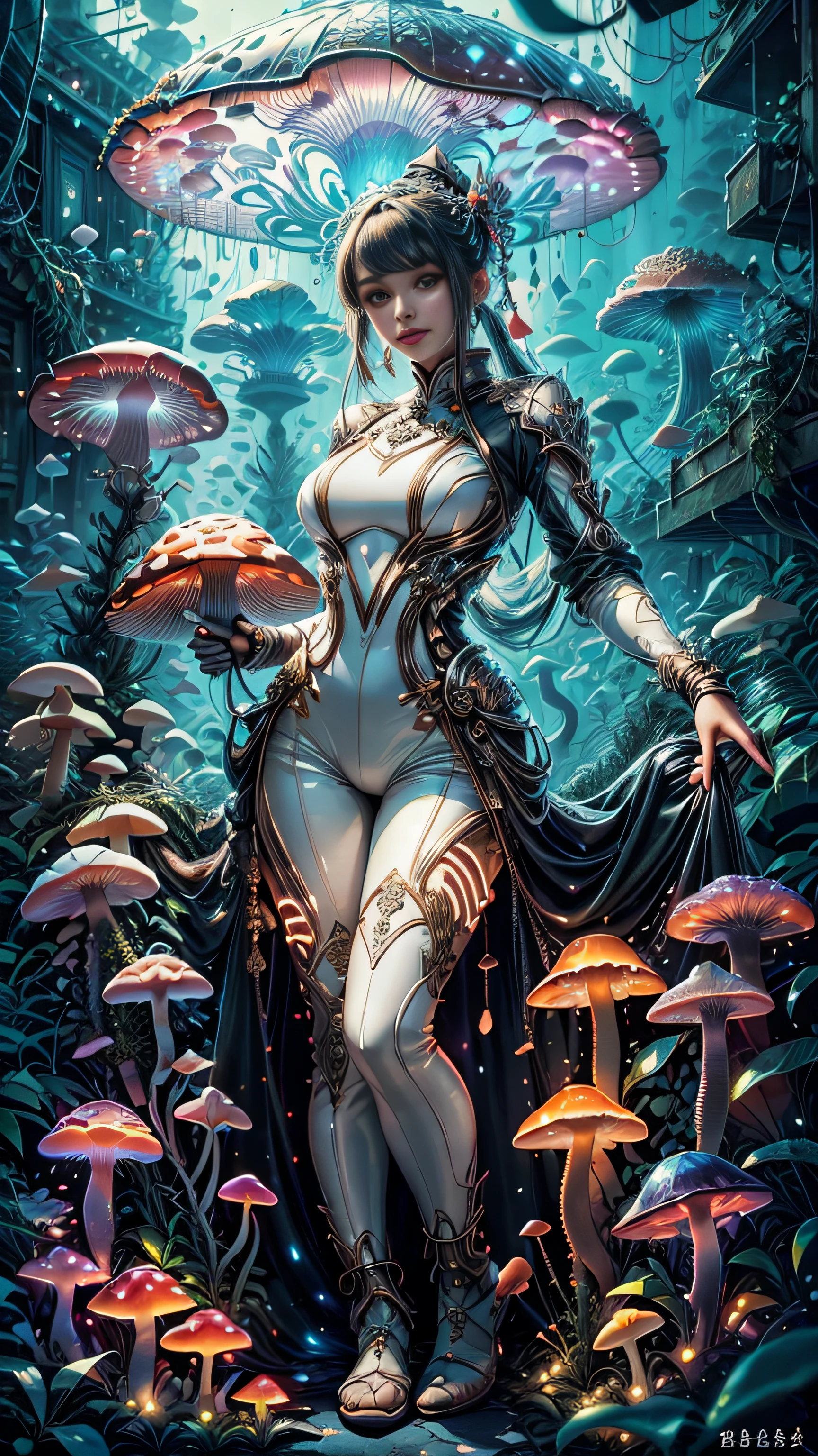 Super beautiful shining big eyes、((top-quality)), ((masterpiece)), ((realisitic)), (detaileds), Reflective Luminous White:1.5, Texture glossy orange:1.3, 1 Sticky jumpsuit(cammel toe)Beautiful young woman with, A sexy, Photo from top to bottom, A lot of glowing neon mushrooms, a Mandala, cinematic, sharp, Ray traching, cheerfulness, Lightness