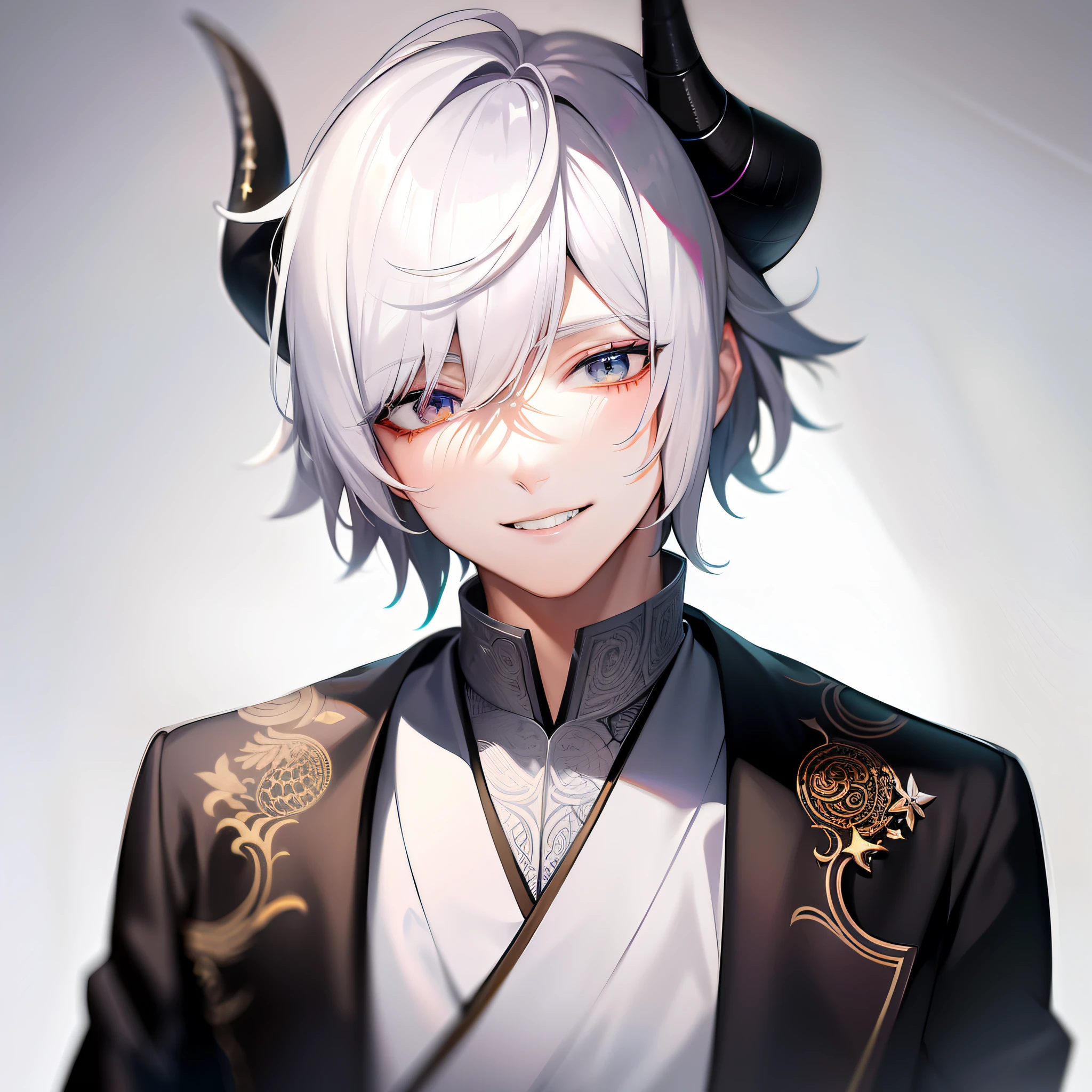Two-dimensional handsome youth, male, with horns on the head, raised corners of the mouth, delicate face, perfect avatar, smile, HD big picture, Japanese manga style, colorful, color creative, side face, short white hair, white skin