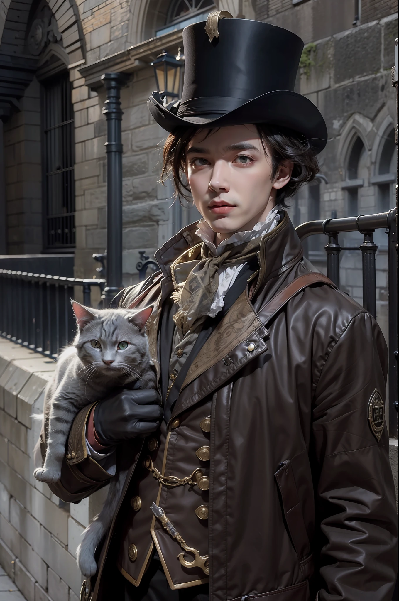 City of Fog,18th century London,Tall young man with cat face,Sherlock Holmes style costume,Tower of London,Thames,pipes,steampunc,