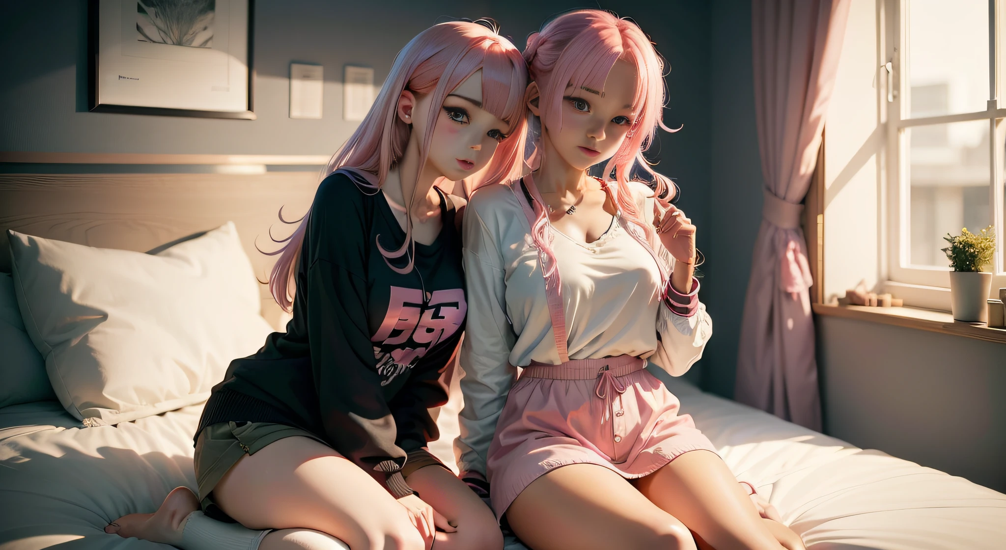 Anime girl with pink hair and anime girl with black sitting on bed hugging, Beautiful anime girl, Beautiful Anime High School Girls, seductive anime girls, attractive anime girls, Anime girl, up of young anime girl, pretty anime girl, An anime girl, style of anime4 K, realistic anime artstyle, Anime girl in real life, Realistic young anime girl, Cute anime girl,your legs