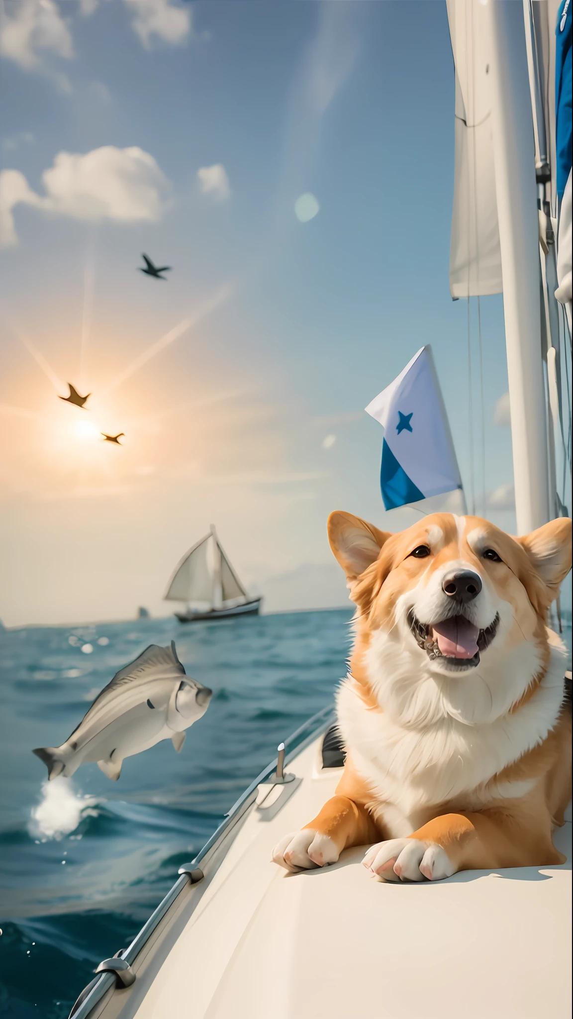 There was a dog sitting at the front of the boat, vacation photo, fish in the background, Sail, Set sail, Corgi, happy dog, he's on an old sailing boat, shutter inventory, corgi with [ Angelic wings ]!!, corgis in no man's sky, On the ocean, sails, the king of the seas, shutterstock contest winner