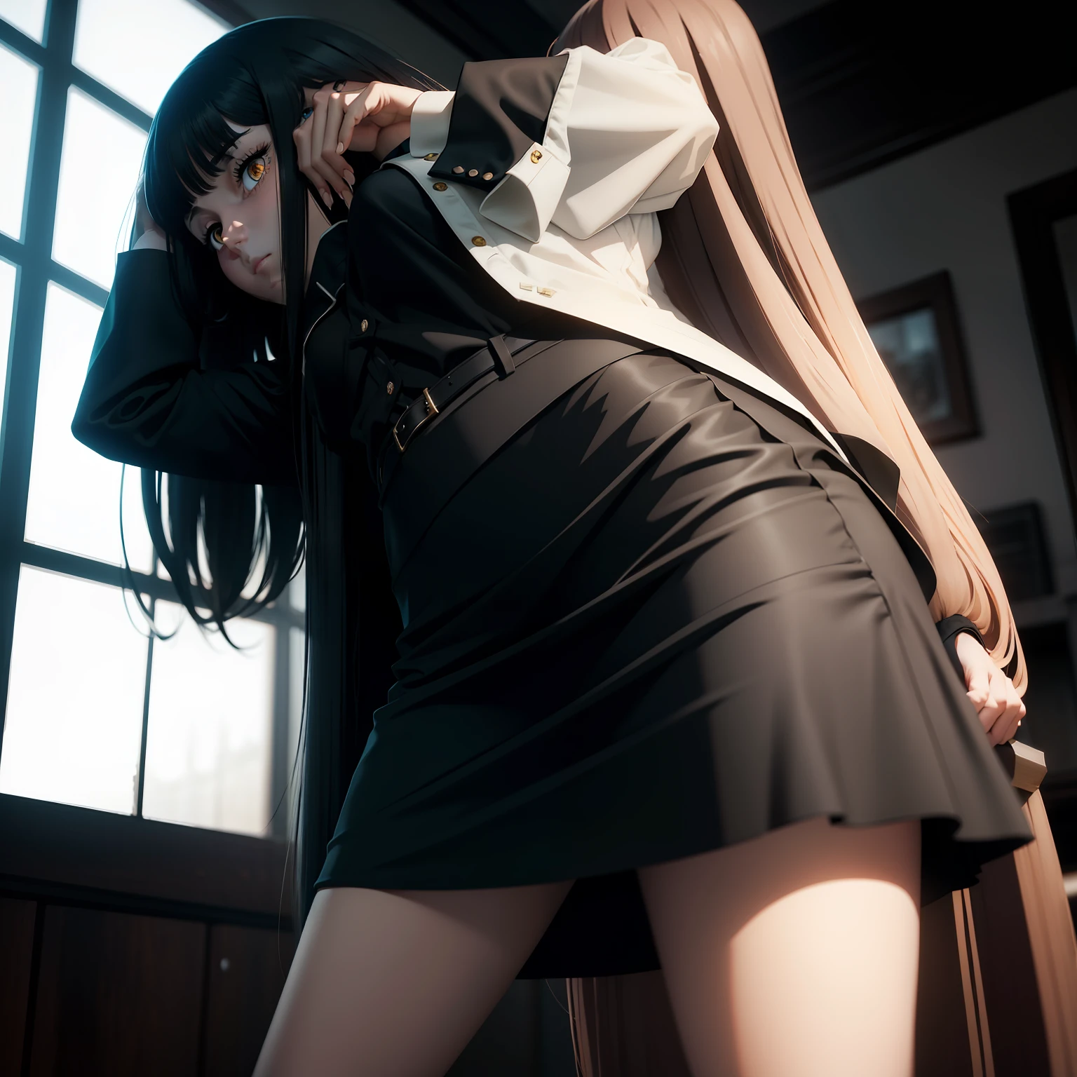 blacksilk,Woman,short skirt,long whitr hair,plumw,Eyes are confused