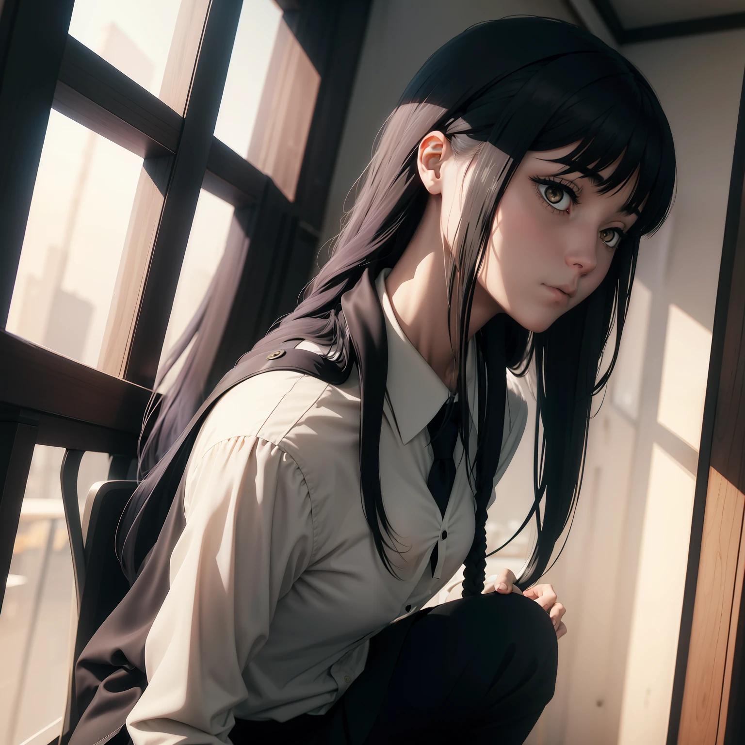 blacksilk,Woman,short skirt,long whitr hair,plumw,Eyes are confused