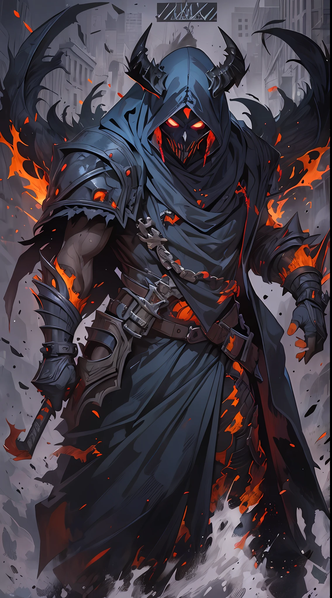 Hombre grande,marcas y simbolos por el cuerpo,pelo largo y lanco,capucha roja,Espada gigante de almas en pena,oscuro,almas,guantes demoniacos,armadura masiba,armadura de almas en pena,demonio, Fuego, caballo infernal de fuego y lava,ojos rojos,ojos azules brillante, infierno, apocalyptic,fin del mundo, Lado oscuro,ruina, guerra, Darksiders , ERA (Darksiders), obra dearte,guerrero,enviado del infierno,Horseman of the Apocalypse,muerte,sangre,destruccion,hambre,lucha,furia,ciudad debastada,edificios en ruinas,calles destruidas,pobo y particulas en el aire,muchas victimas alrededor,demonios muertos,demonios descuarisados y sangrando,espada clabada,espada enterrada,espada con sangre,mirada aterradora,misterio