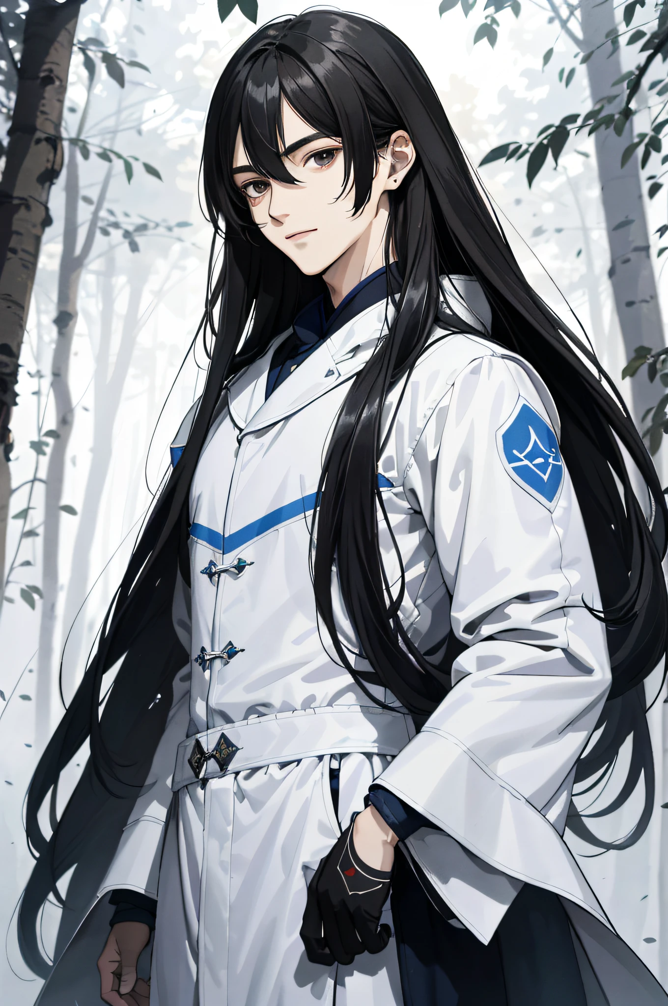 Absurd, High definition, Super detailed, Texture details, clear presentation, HD details, detail performance, Fine details, Clear face, Fix accurately, ((cabelos preto e longos))、long whitr hair、18-year-old man, Handsome, Tall,Soft smile、Slightly muscular,(Clear eyeballs), (1 person: 1.3), handpainted, Simple lines, (An 18-year-old man wearing a white Chinese suit), foggy forest、The upper part of the body,(Exocet suit 1.2)