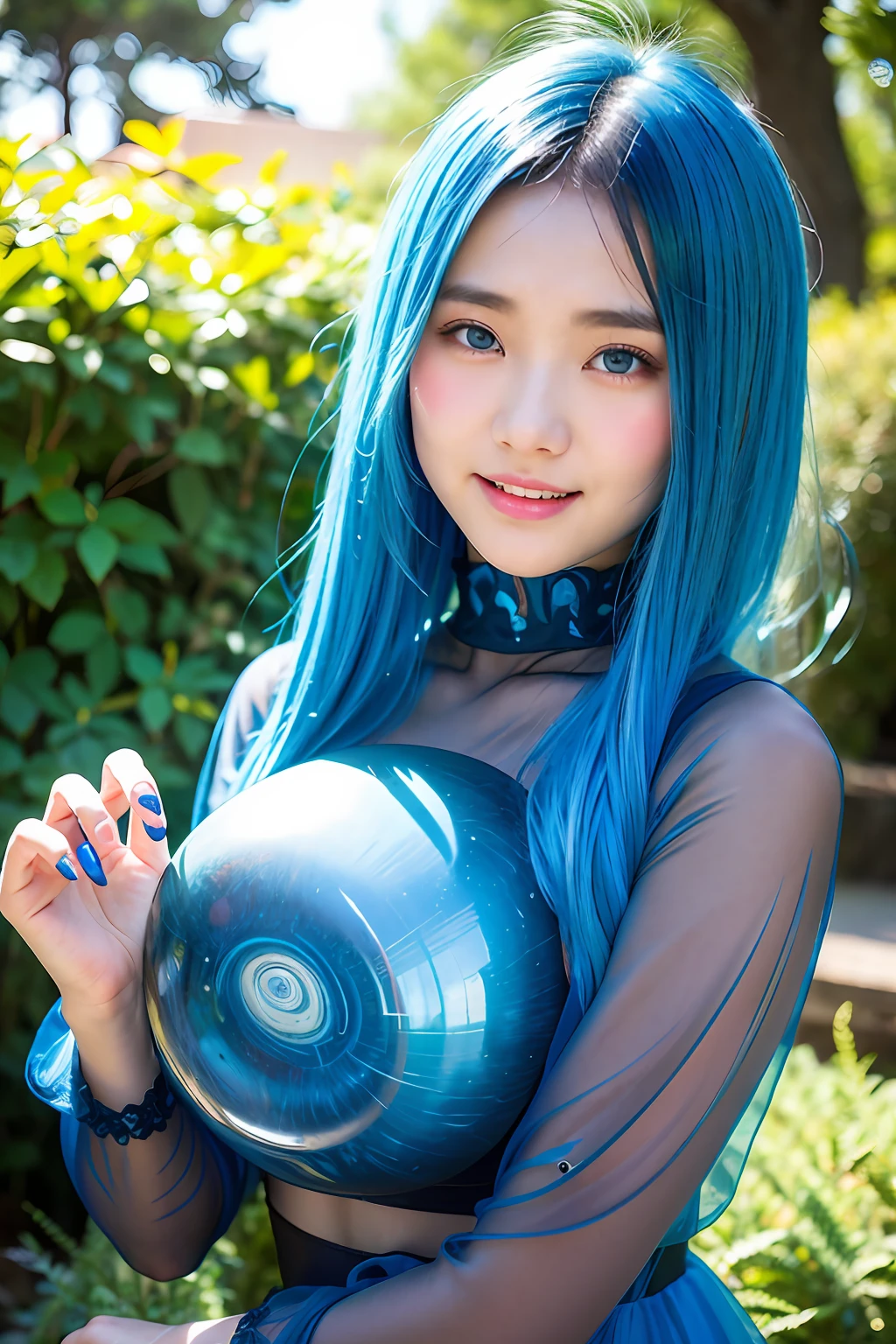 dark themed、(top-quality、masterpiece:1.2)、18 year old girl in the garden、blue hairs、Marbling see-through clothing、a smile、(Confusion of light blue round strange shaped structure on background:1.3)