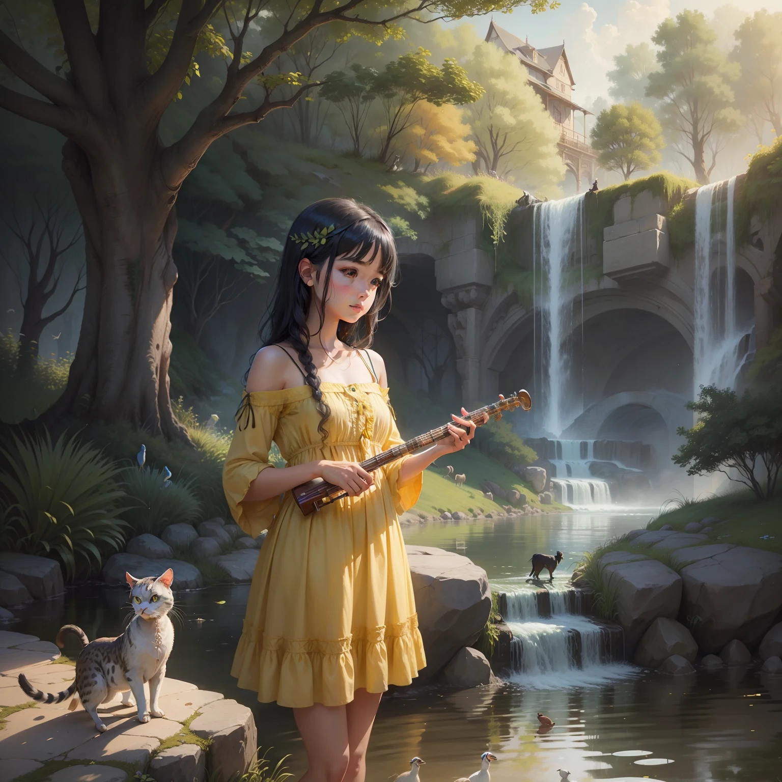 Boy yellow dress playing the flute by a river, surrounded by peacocks and cows, with a serene and divine Girl woman blackhair with tree and green eyes photorealism realist fantasy river Bridge cat on hand.