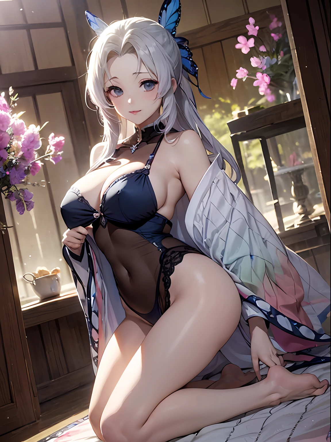 (Enrich the picture,Masterpiece level quality)Beautiful 8K CG artwork,Goddess-like posture,Kneeling exercise,Slim and soft,Translucent skin,White hair、The beauty of extra-long hair, Super Long Straight Hair,The skin is fair and juicy,Big JK Uniform,Perspective Part 1.2x enhanced silhouette effect,Exquisite transparent blues pattern in pajamas,The details are intricate and exquisite,The background is slightly blurred,Charming and lustful leg seduction,Drool,Extra-large big breasts,Blush,Japan goddess,