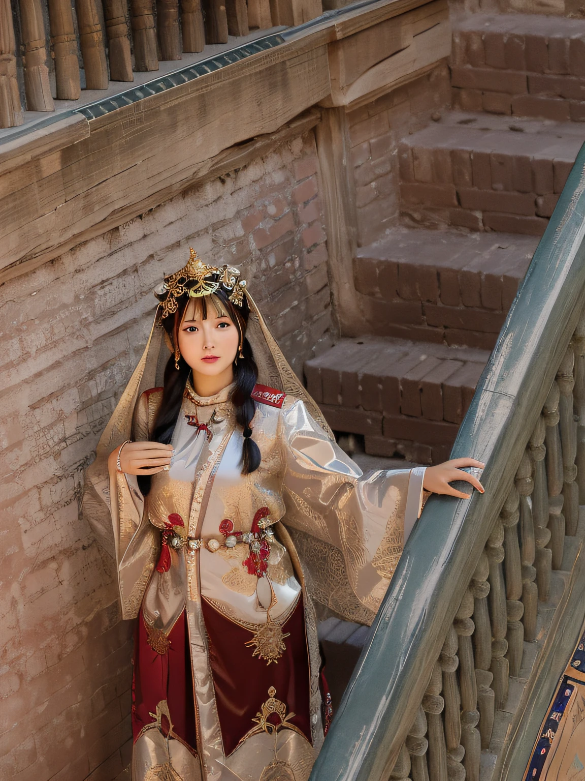 Arakfi standing on the stairs in traditional clothing, a young woman as genghis khan, ancient libu princess, kazakh empress, Palace ， A girl in Hanfu, in balcony of palace, traditionalcostumes, authentic costume, wearing a noblewoman's outfit, traditional garb, Wearing Gorgeous Costume, Traditional beauty, traditional tai costume, Chinese costume